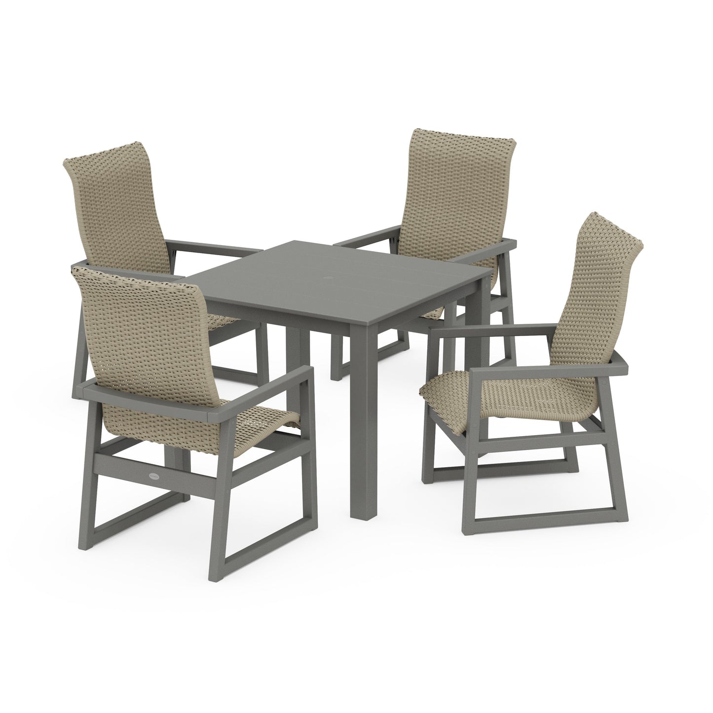 POLYWOOD EDGE Woven Highback 5-Piece Parsons Dining Set — Slate Grey / Dune Grass