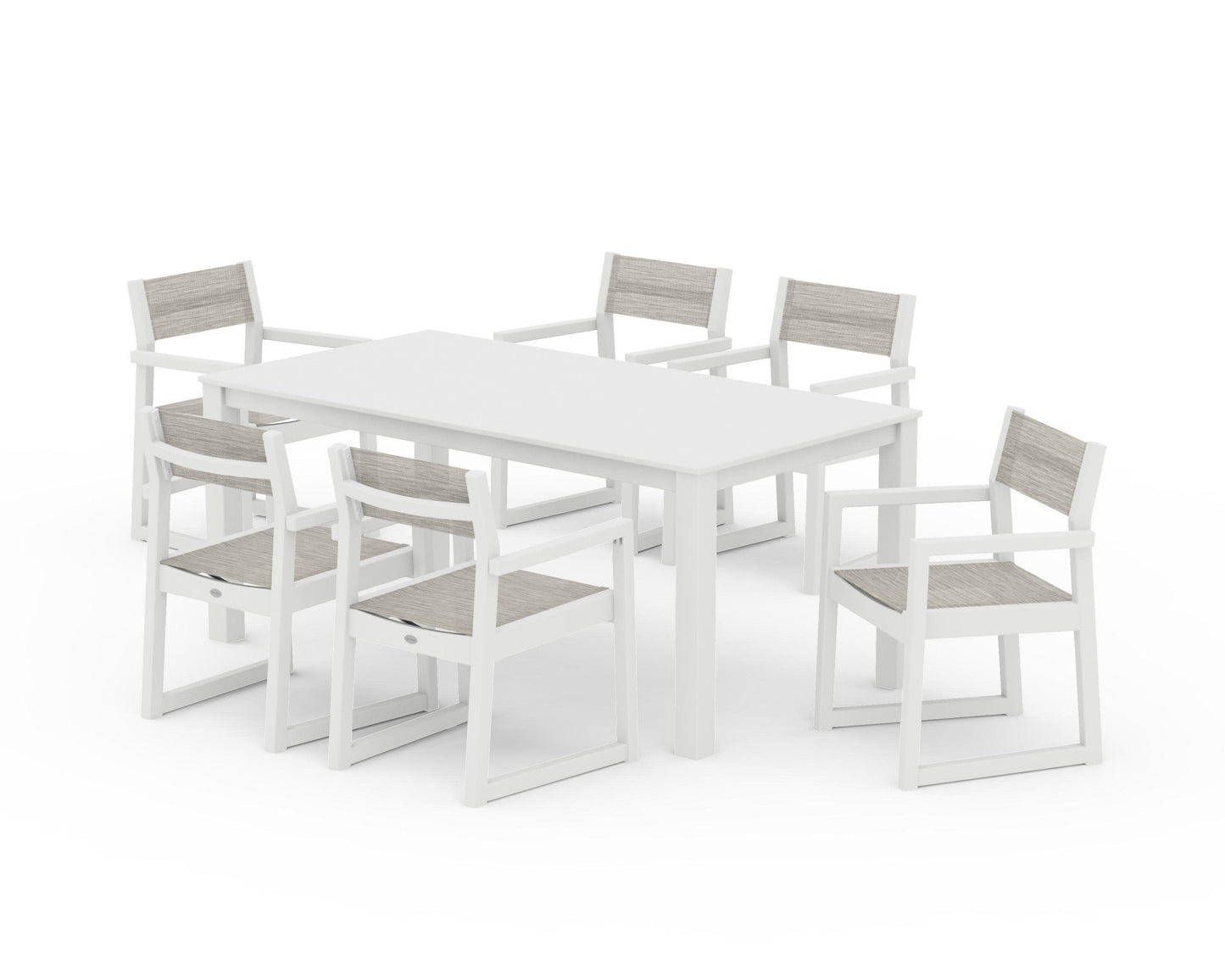 POLYWOOD EDGE Sling Arm Chair 7-Piece Parsons Dining Set — White / Birch Sling