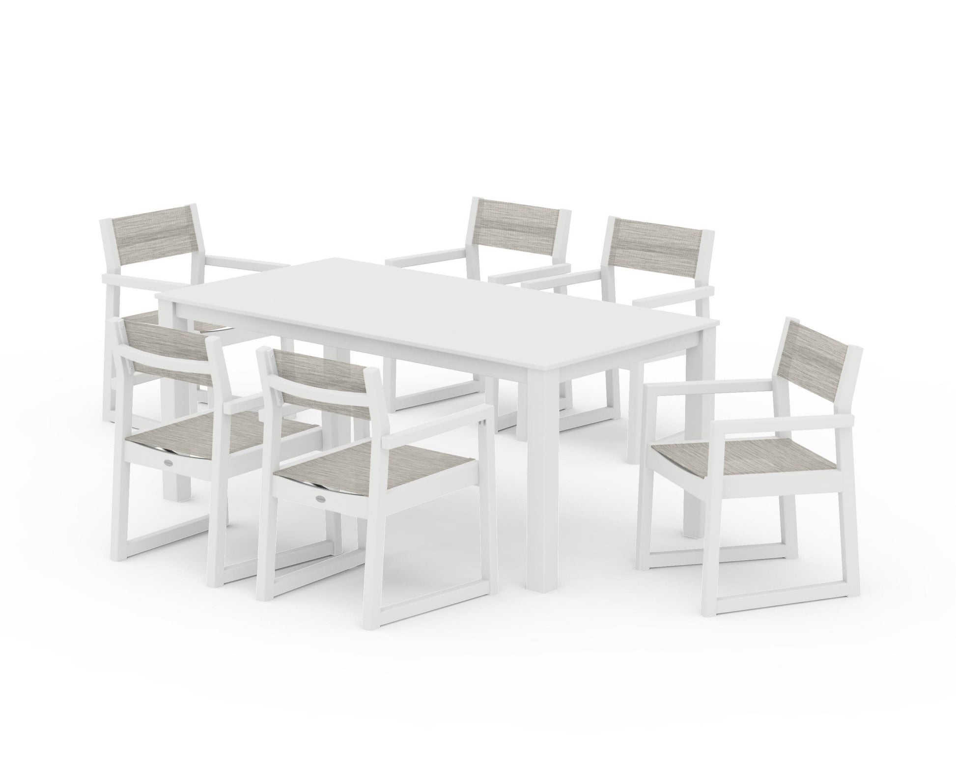 POLYWOOD EDGE Sling Arm Chair 7-Piece Parsons Dining Set — White / Birch Sling