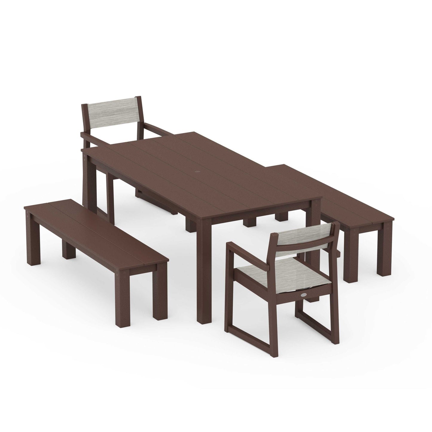 POLYWOOD EDGE Sling Arm Chair 5-Piece Parsons Dining Set with Benches — Mahogany / Birch Sling