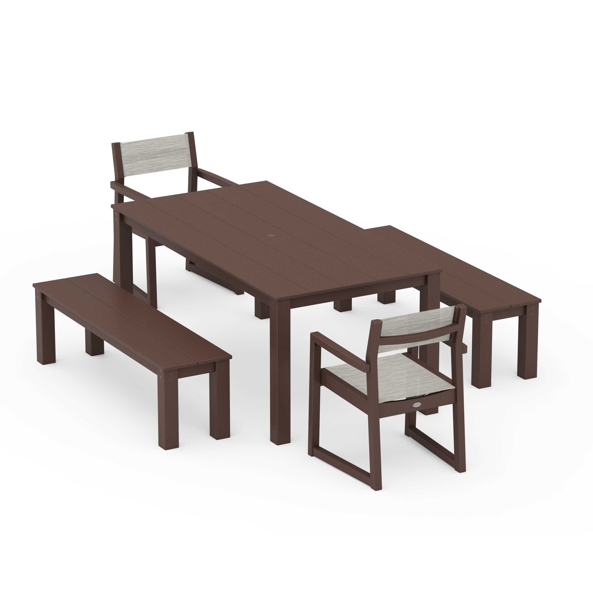 POLYWOOD EDGE Sling Arm Chair 5-Piece Parsons Dining Set with Benches — Mahogany / Birch Sling