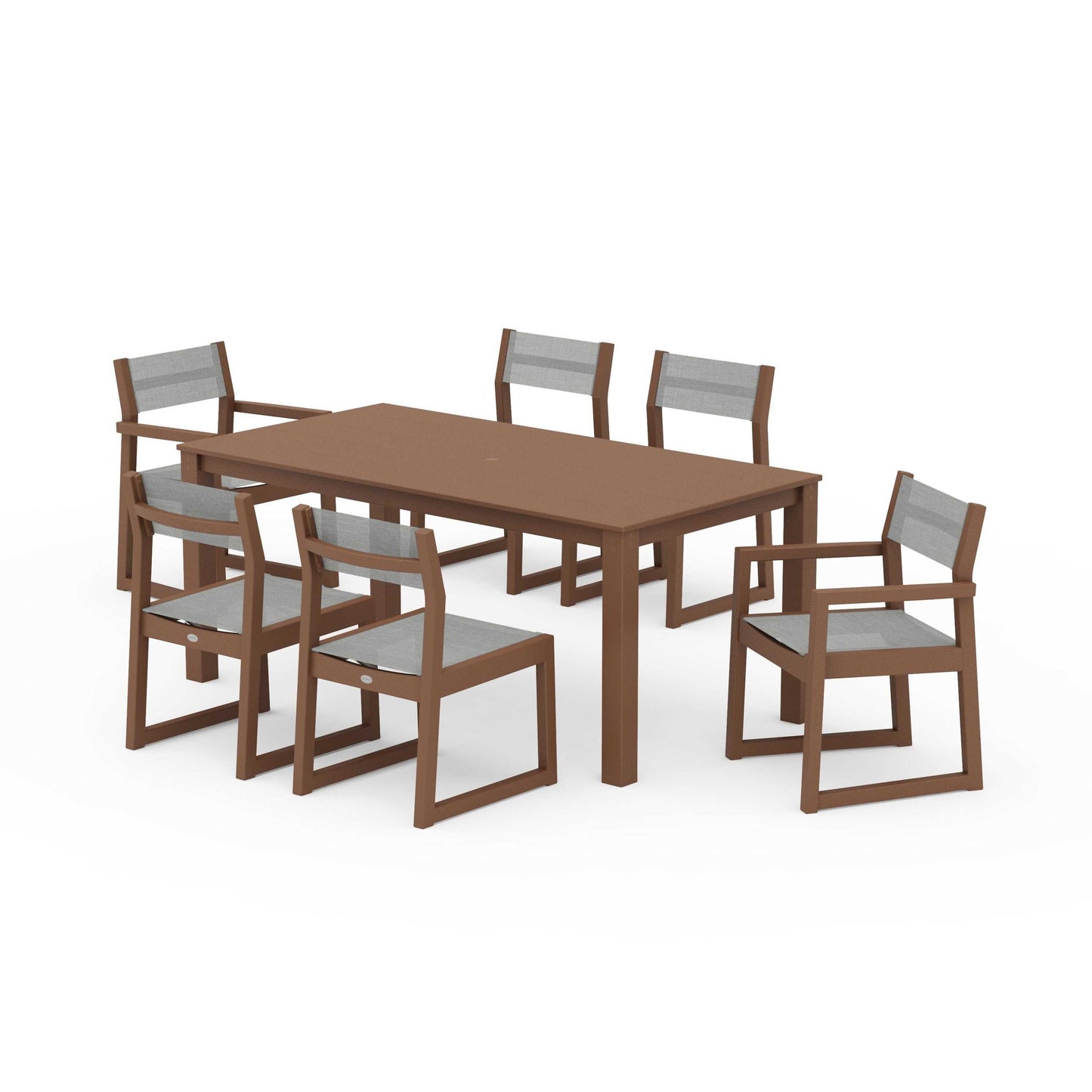 POLYWOOD EDGE Sling 7-Piece Parsons Dining Set — Teak / Metallic Sling