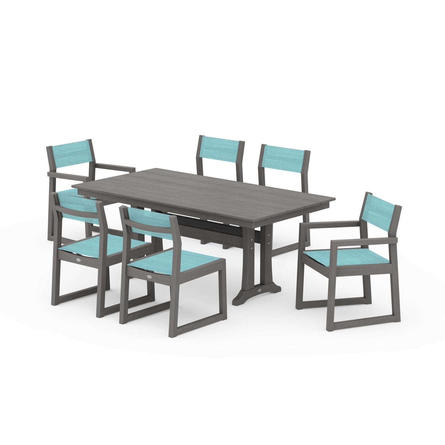POLYWOOD EDGE Sling 7-Piece Farmhouse Trestle Dining Set — Driftwood / Dupioni Aquamarine Sling