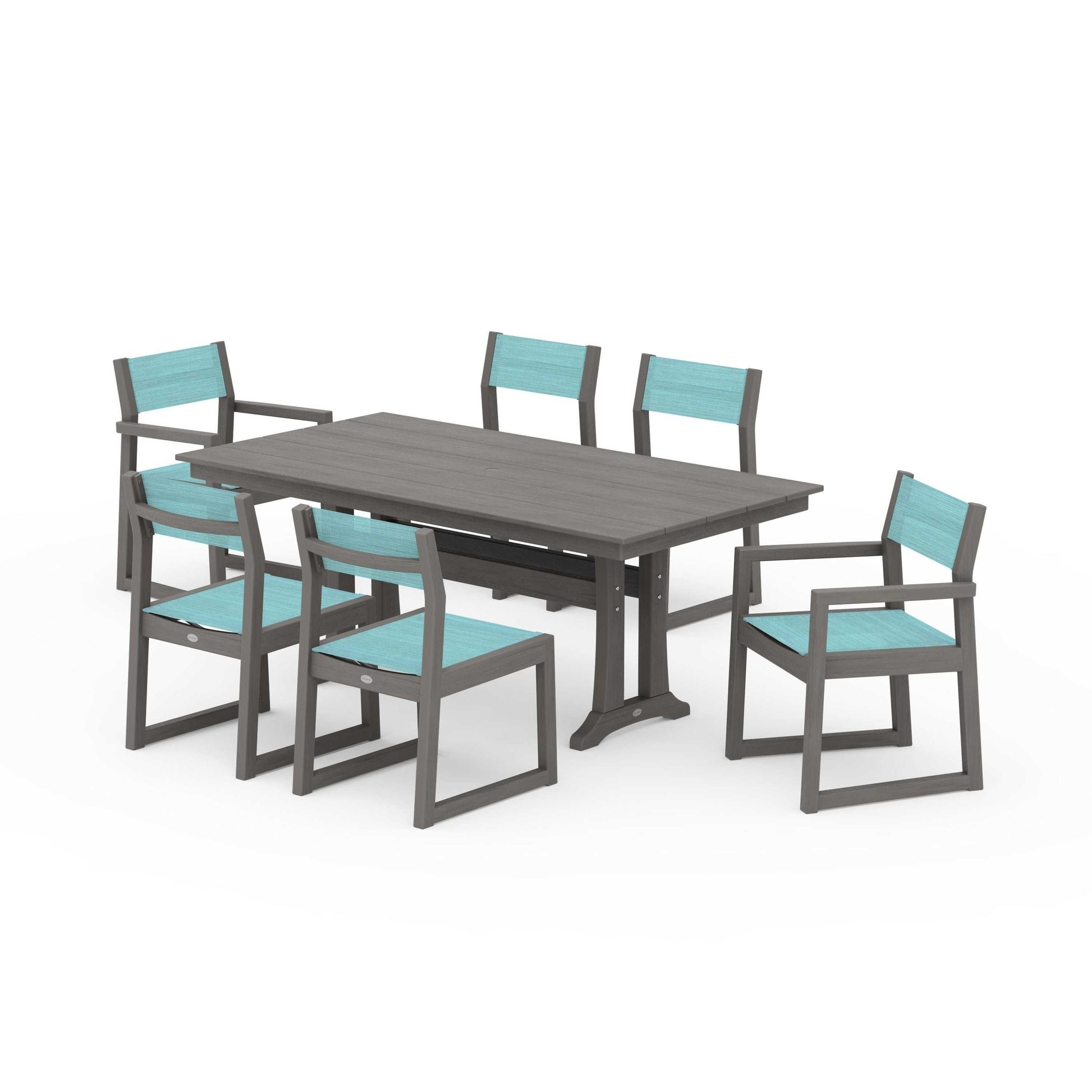 POLYWOOD EDGE Sling 7-Piece Farmhouse Trestle Dining Set — Driftwood / Dupioni Aquamarine Sling