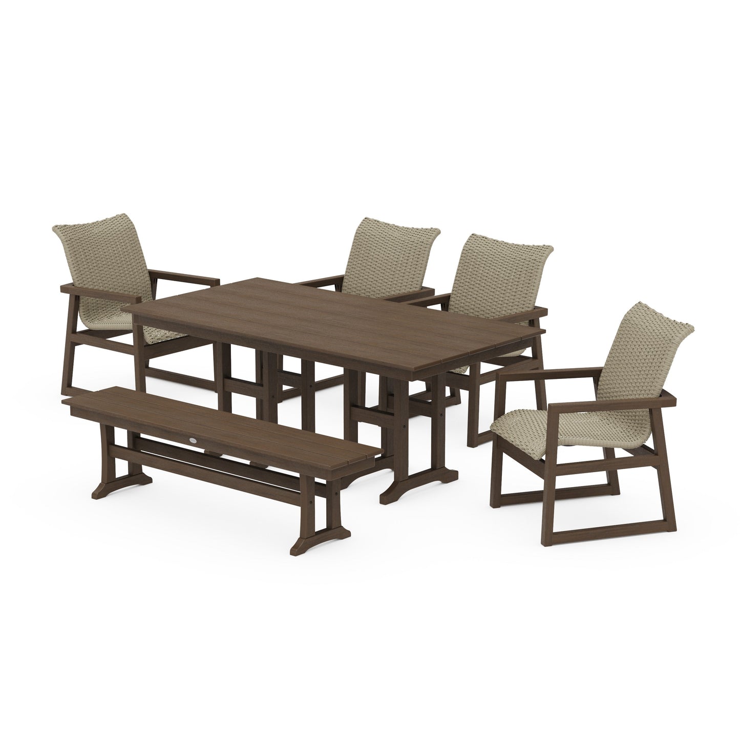 POLYWOOD EDGE Woven 6-Piece Farmhouse Dining Set with Bench — Kona / Dune Grass