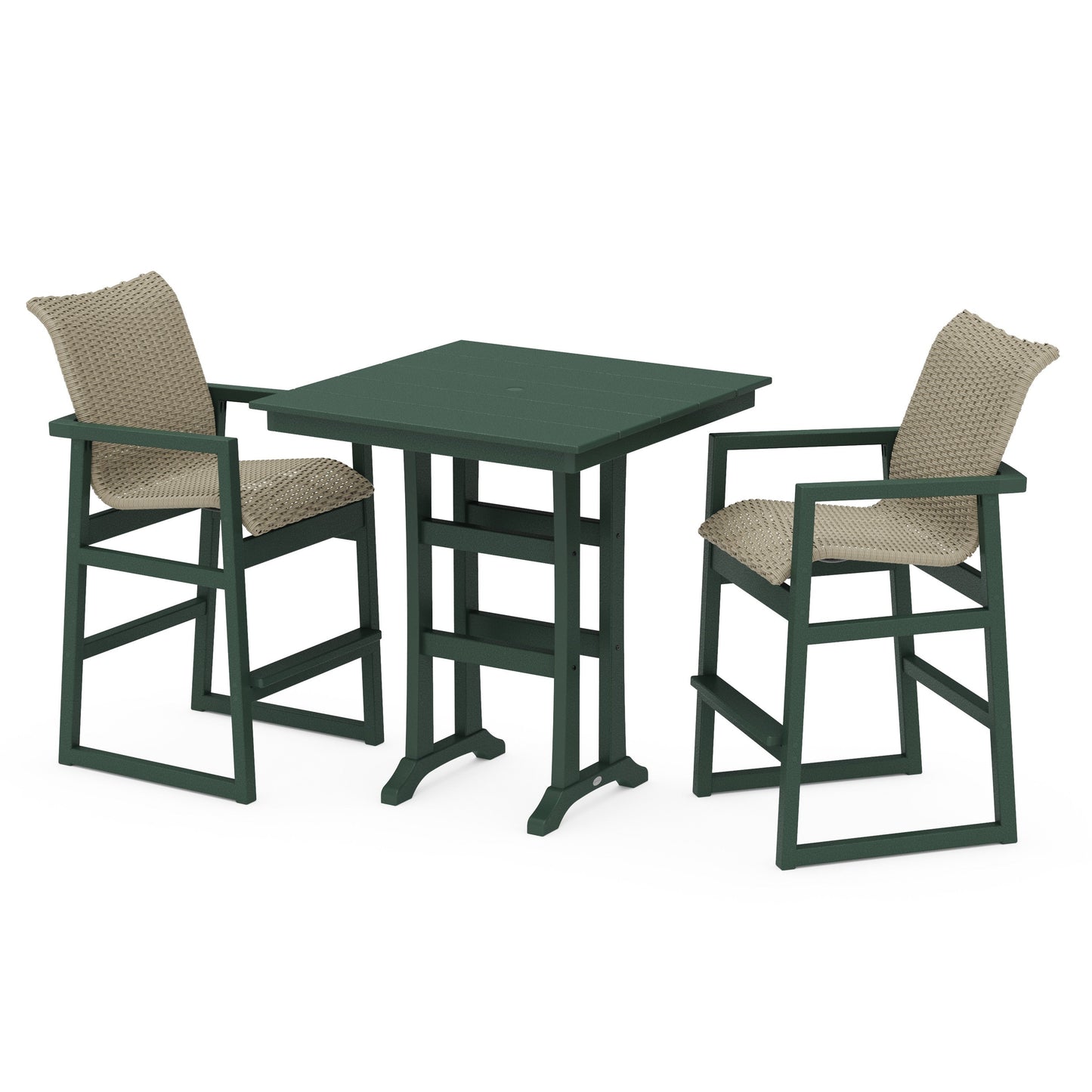 POLYWOOD EDGE Woven 3-Piece Farmhouse Bar Set with Trestle Legs — Green / Dune Grass