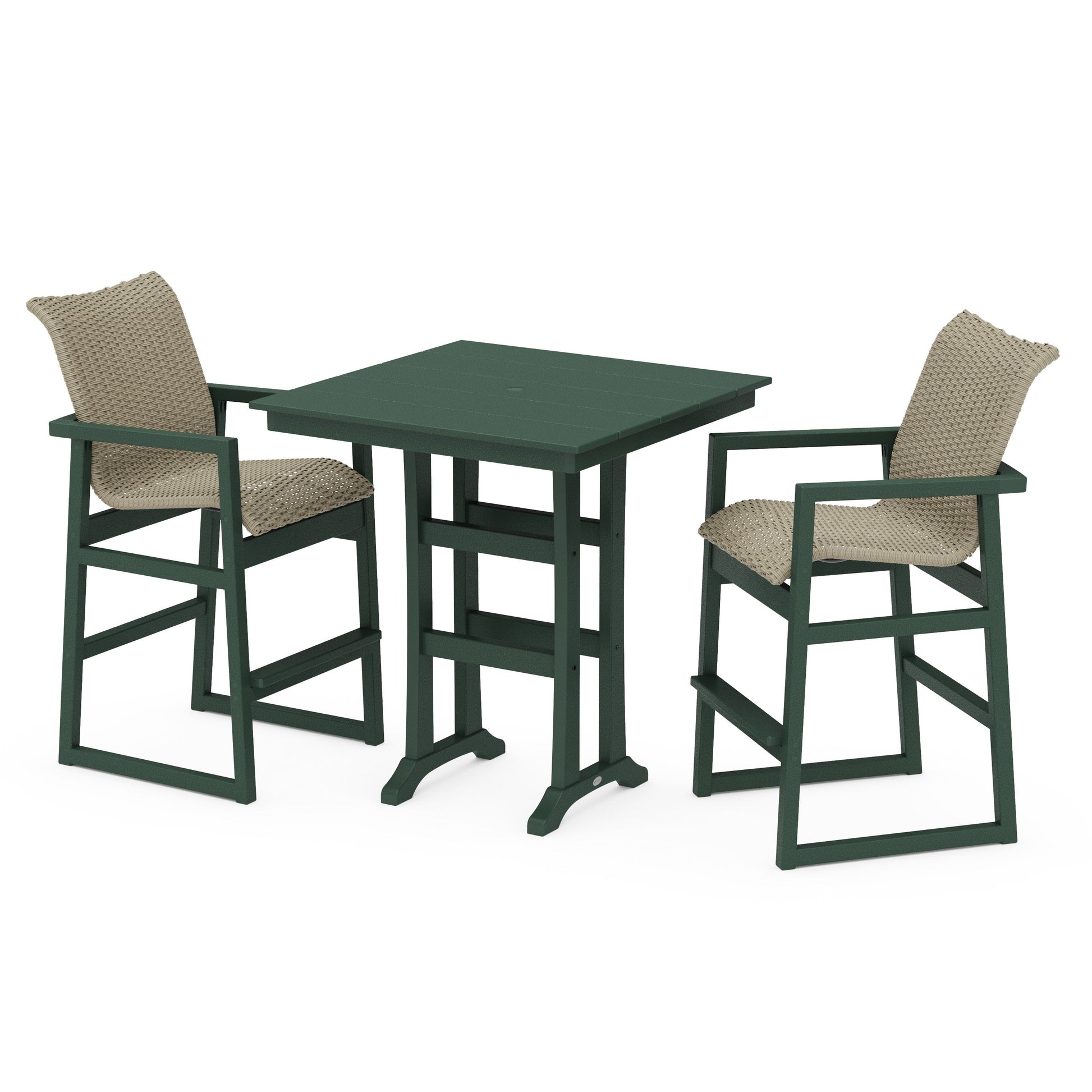 POLYWOOD EDGE Woven 3-Piece Farmhouse Bar Set with Trestle Legs — Green / Dune Grass