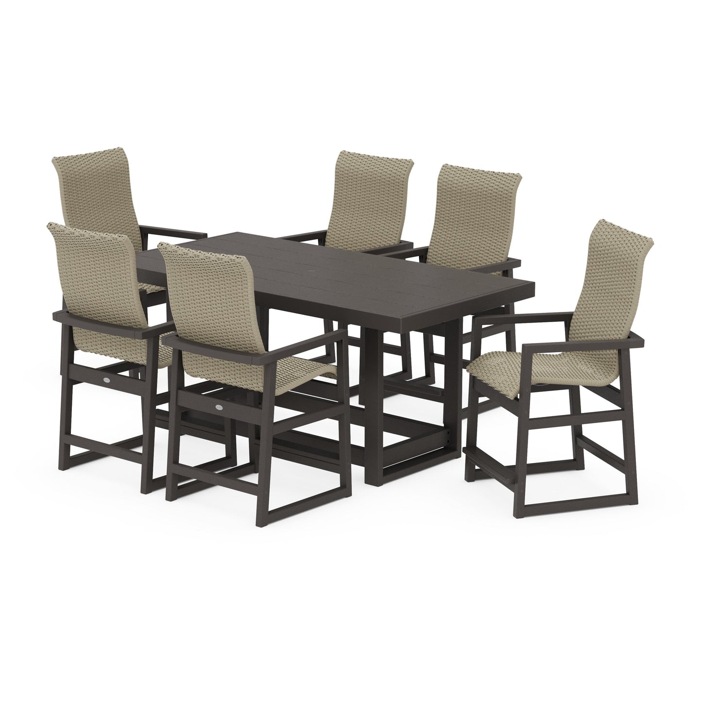 POLYWOOD EDGE Woven Highback Arm Chair 7-Piece Counter Set — Vintage Coffee / Dune Grass