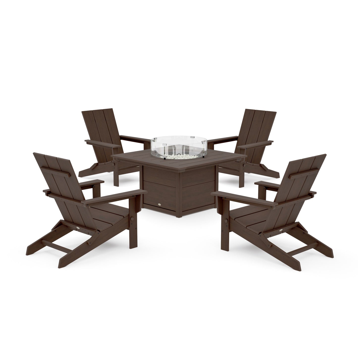POLYWOOD 5-Piece Modern Studio Folding Adirondack Conversation Set with Fire Pit Table — Kona