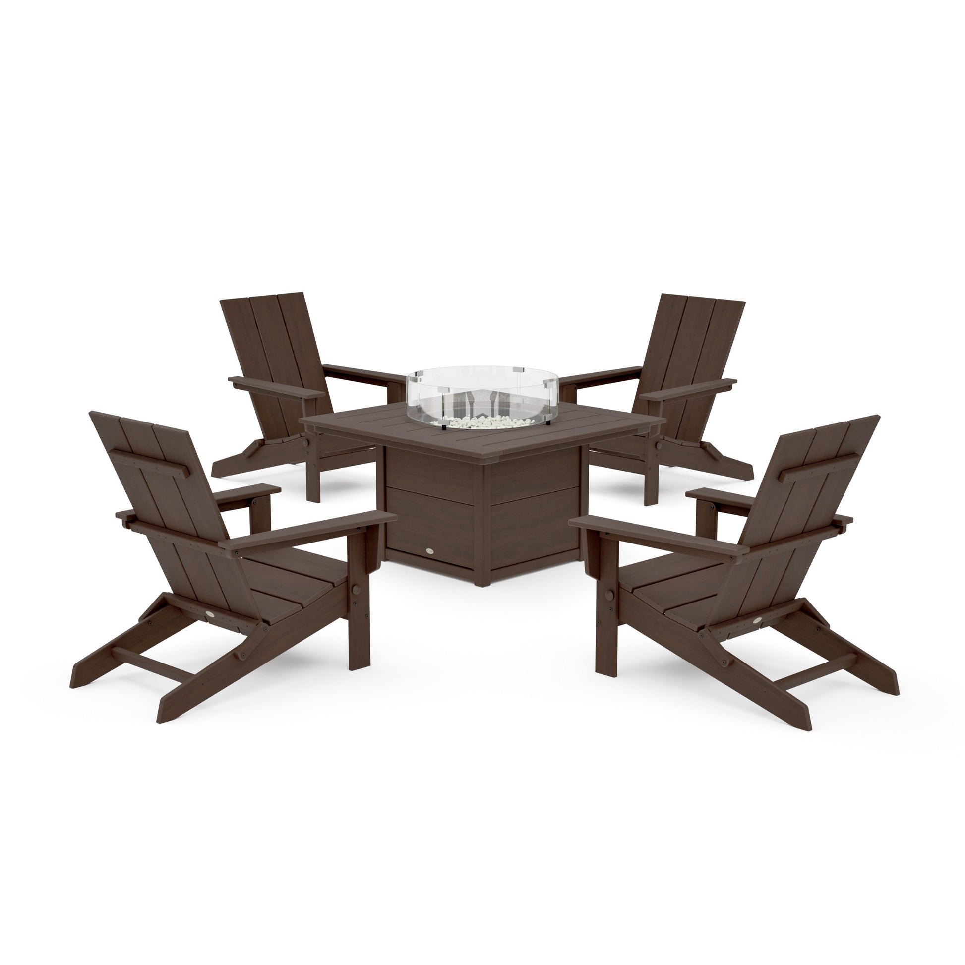 POLYWOOD 5-Piece Modern Studio Folding Adirondack Conversation Set with Fire Pit Table — Kona