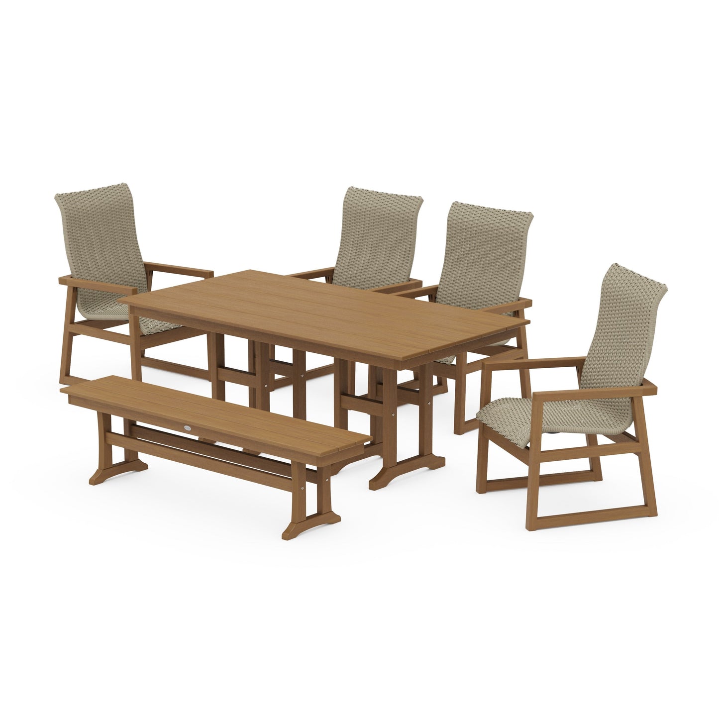 POLYWOOD EDGE Woven Highback 6-Piece Farmhouse Dining Set with Bench — Natural / Dune Grass