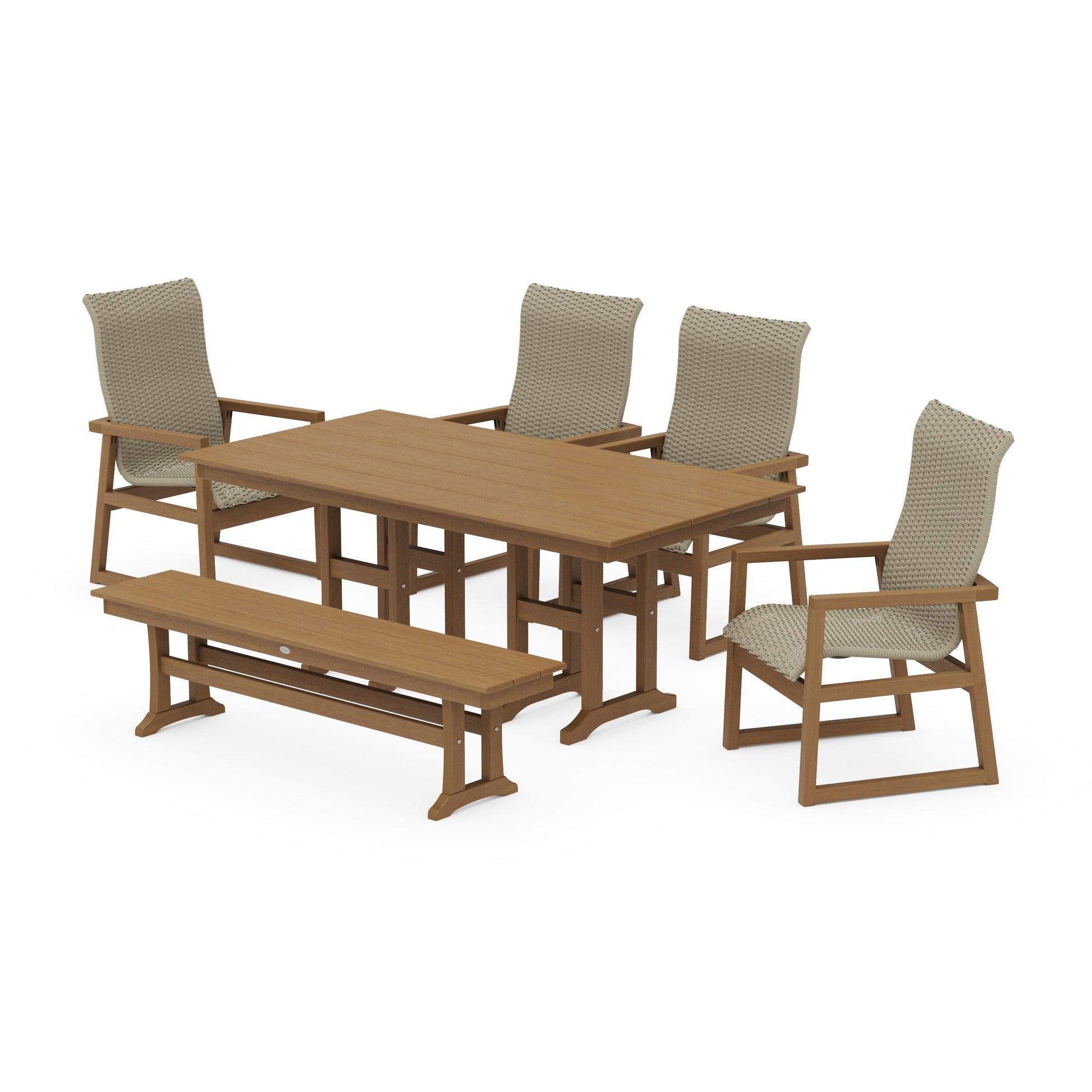 POLYWOOD EDGE Woven Highback 6-Piece Farmhouse Dining Set with Bench — Natural / Dune Grass