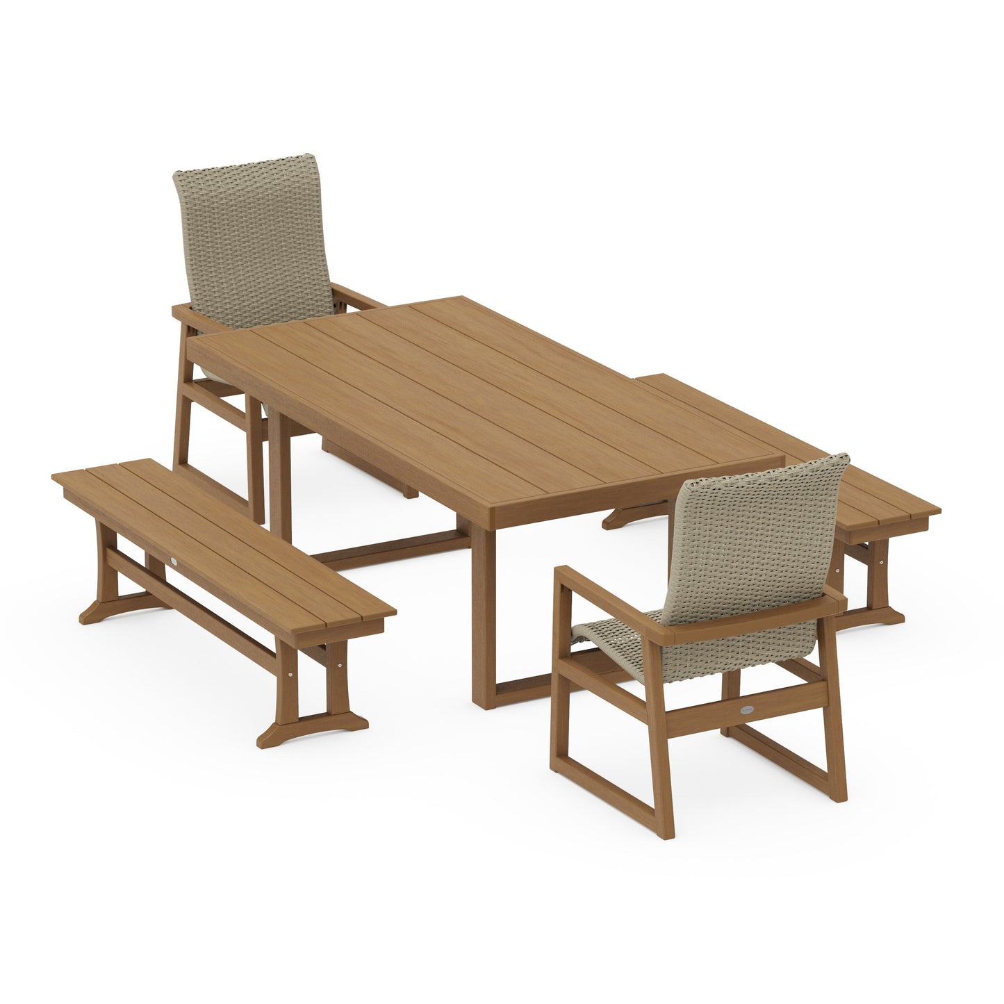 POLYWOOD EDGE Woven Highback 5-Piece Dining Set with Benches — Natural / Dune Grass