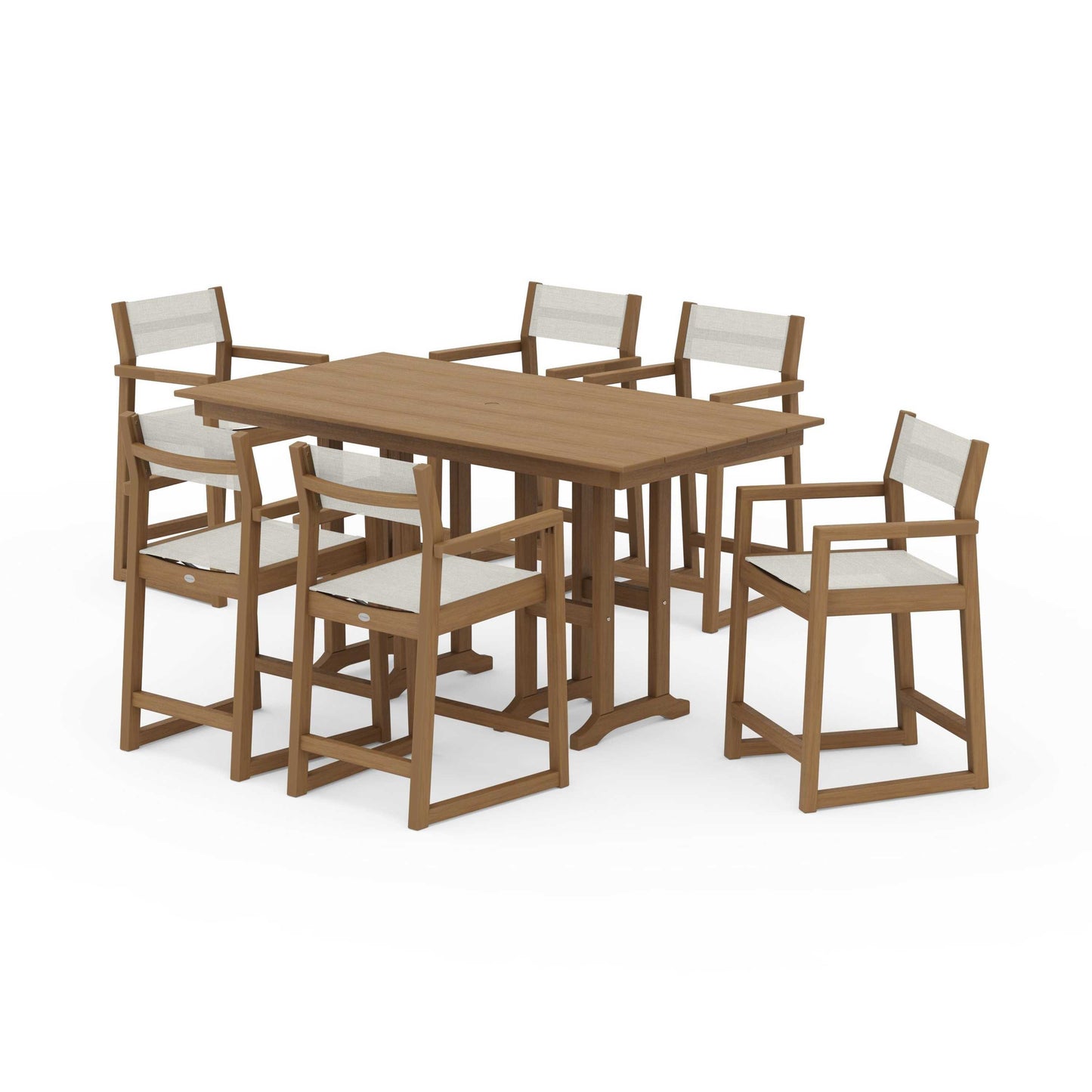 POLYWOOD EDGE Sling Arm Chair 7-Piece Farmhouse Counter Set — Natural / Parchment Sling