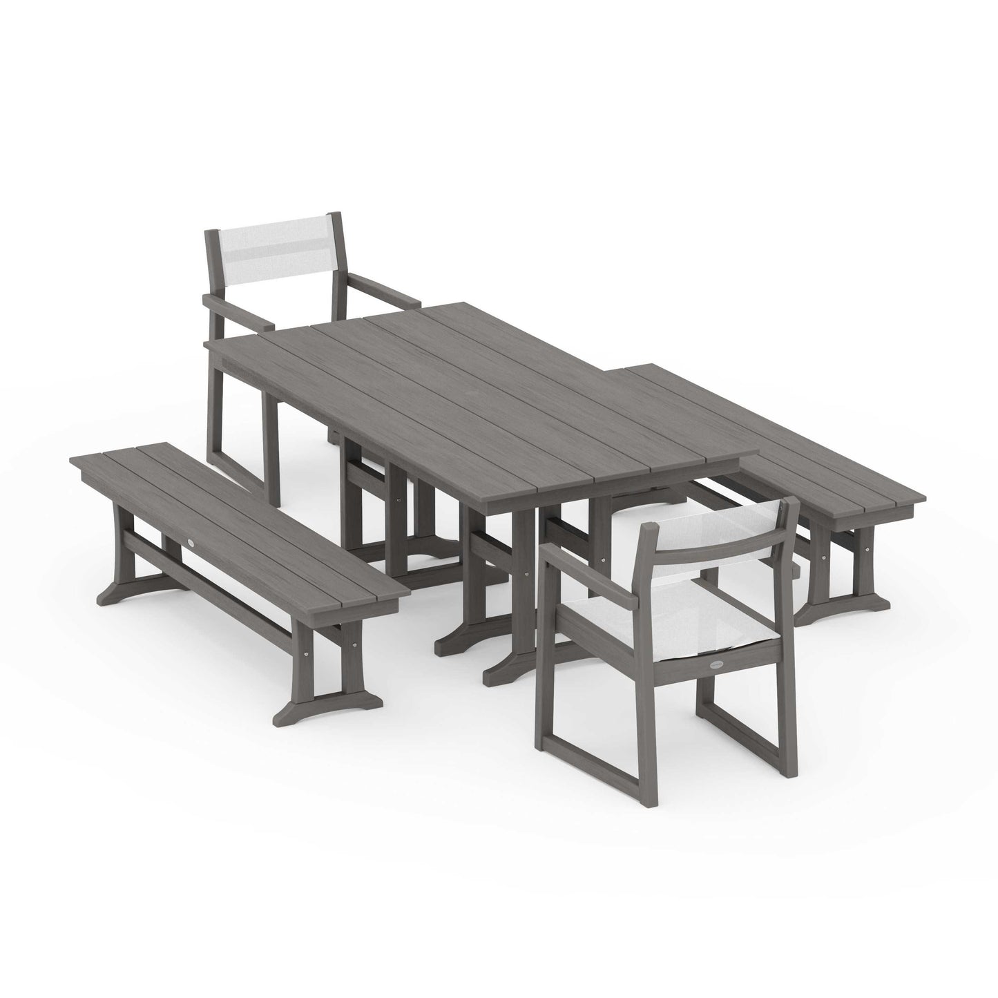 POLYWOOD EDGE Sling Arm Chair 5-Piece Farmhouse Dining Set with Benches — Driftwood / White Sling