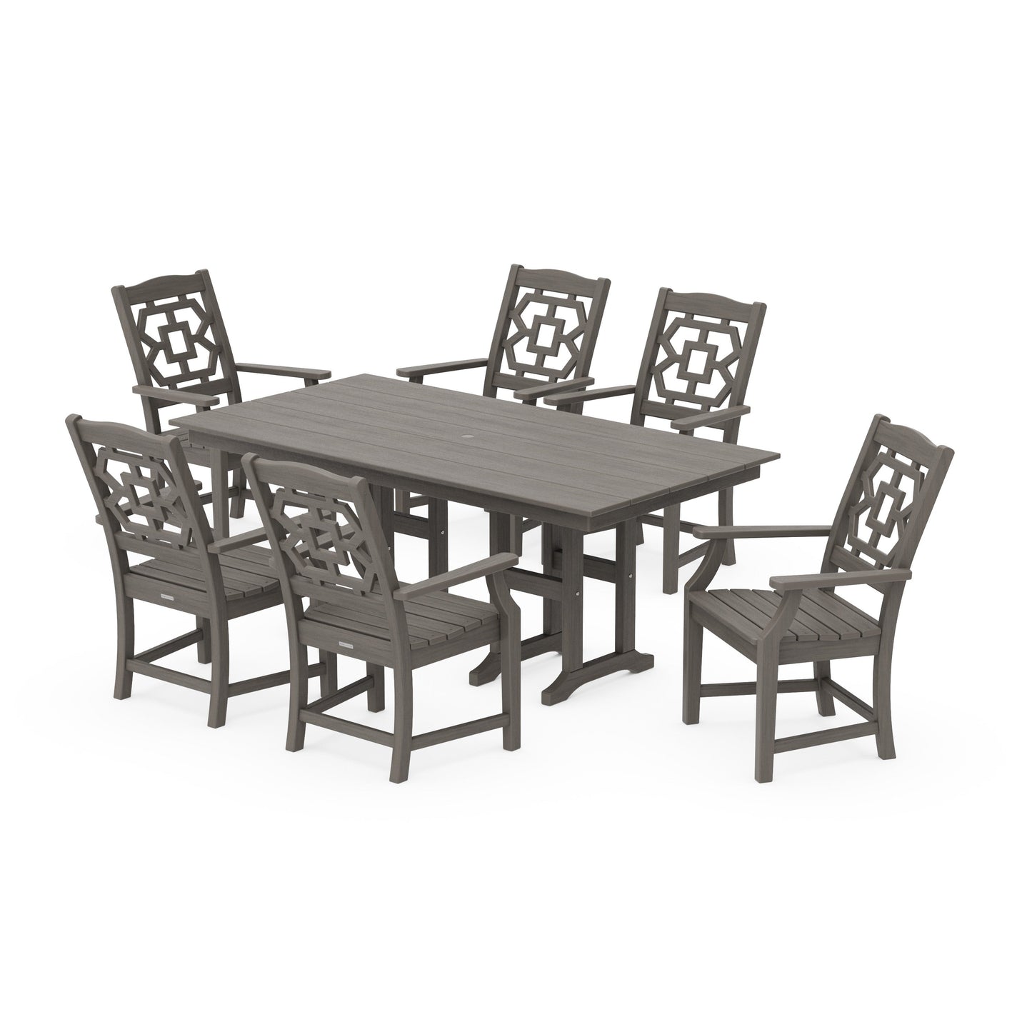 POLYWOOD Chinoiserie Arm Chair 7-Piece Farmhouse Dining Set — Driftwood