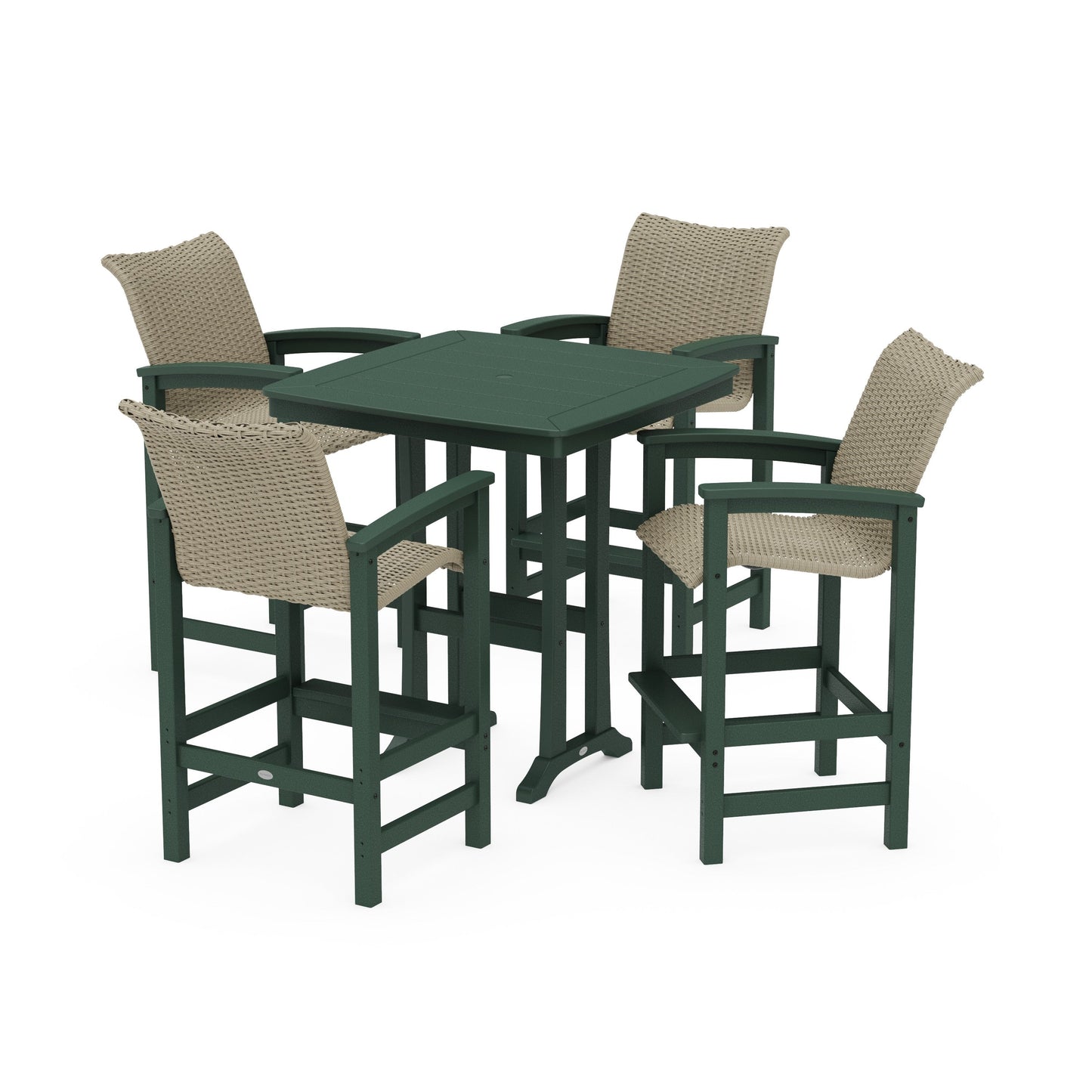 POLYWOOD Coastal Woven 5-Piece Bar Set with Trestle Legs — Green / Dune Grass