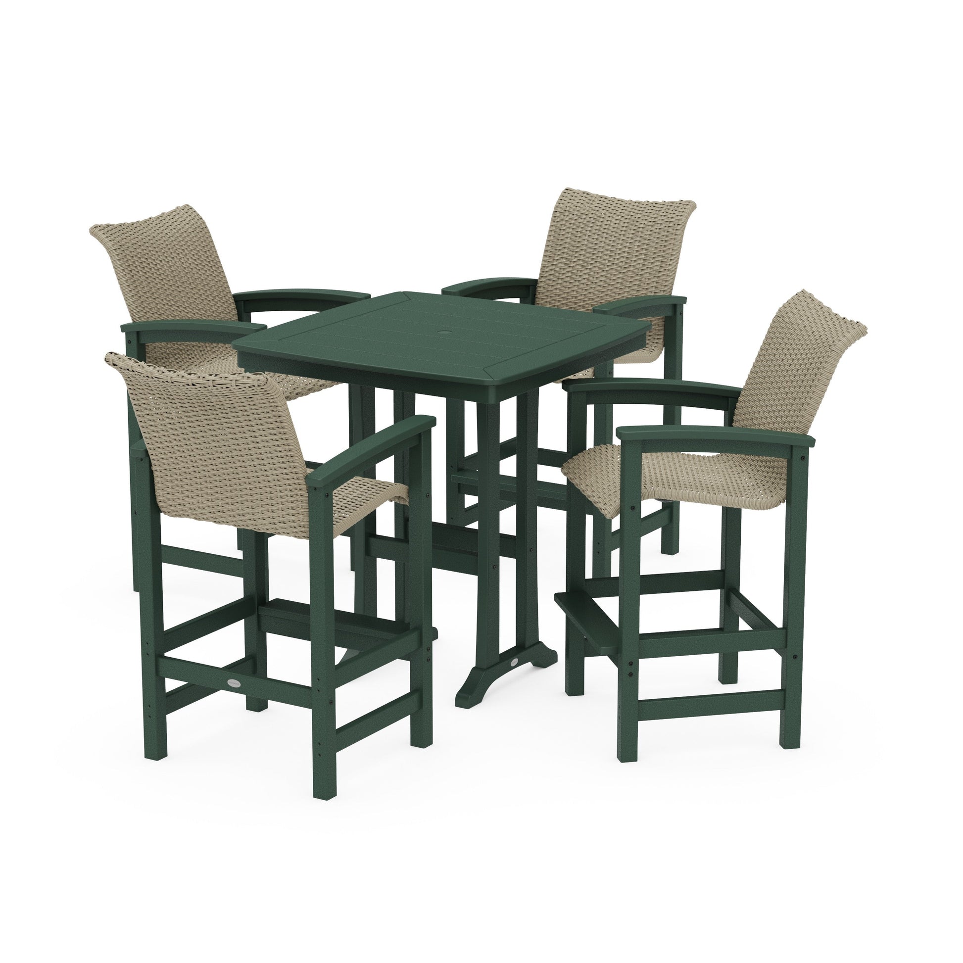 POLYWOOD Coastal Woven 5-Piece Bar Set with Trestle Legs — Green / Dune Grass
