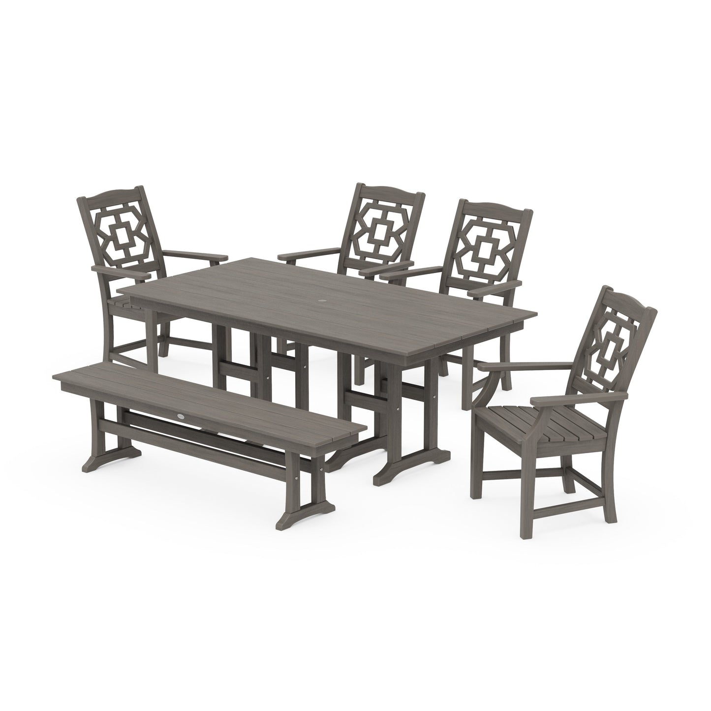 POLYWOOD Chinoiserie 6-Piece Farmhouse Dining Set with Bench — Driftwood