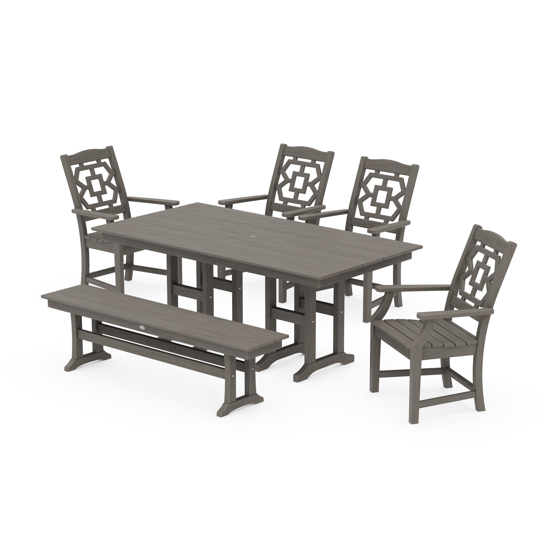POLYWOOD Chinoiserie 6-Piece Farmhouse Dining Set with Bench — Driftwood