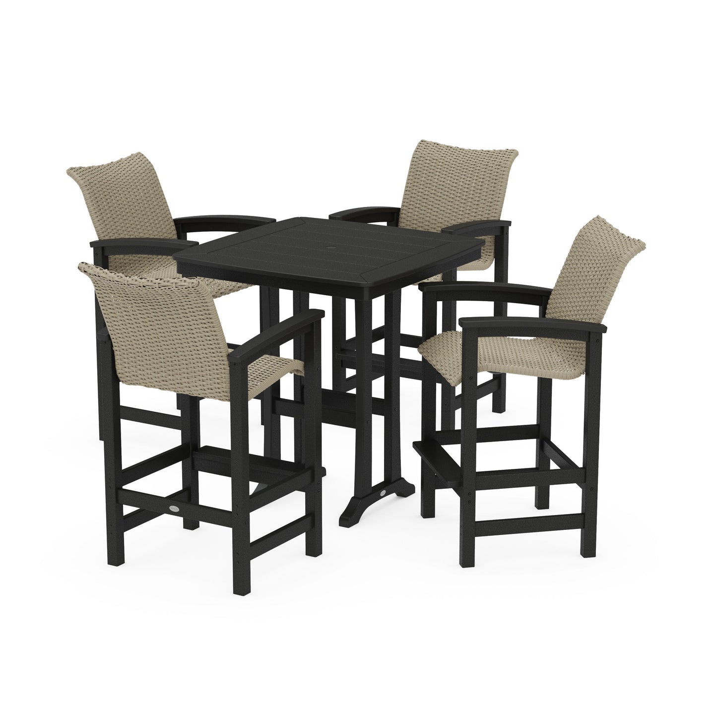 POLYWOOD Coastal Woven 5-Piece Bar Set with Trestle Legs — Black / Dune Grass