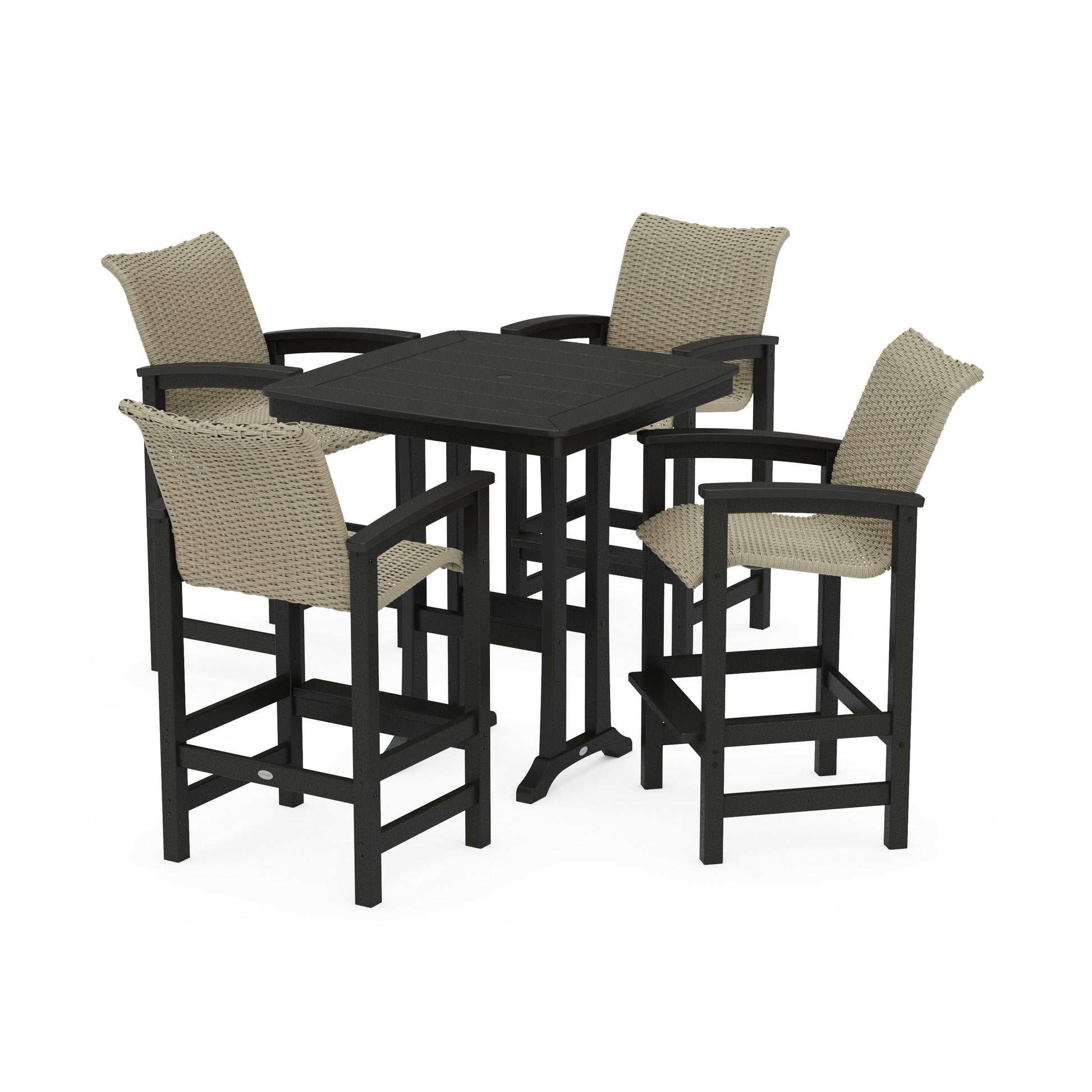 POLYWOOD Coastal Woven 5-Piece Bar Set with Trestle Legs — Black / Dune Grass