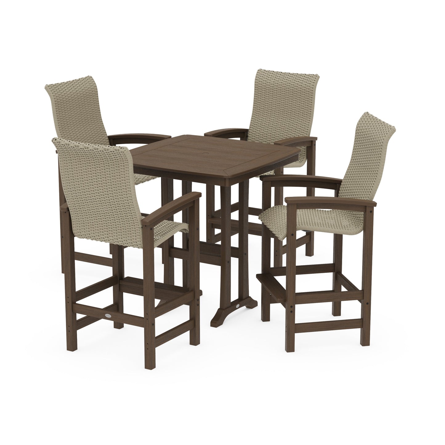 POLYWOOD Coastal Woven High-Back 5-Piece Bar Set with Trestle Legs — Kona / Dune Grass