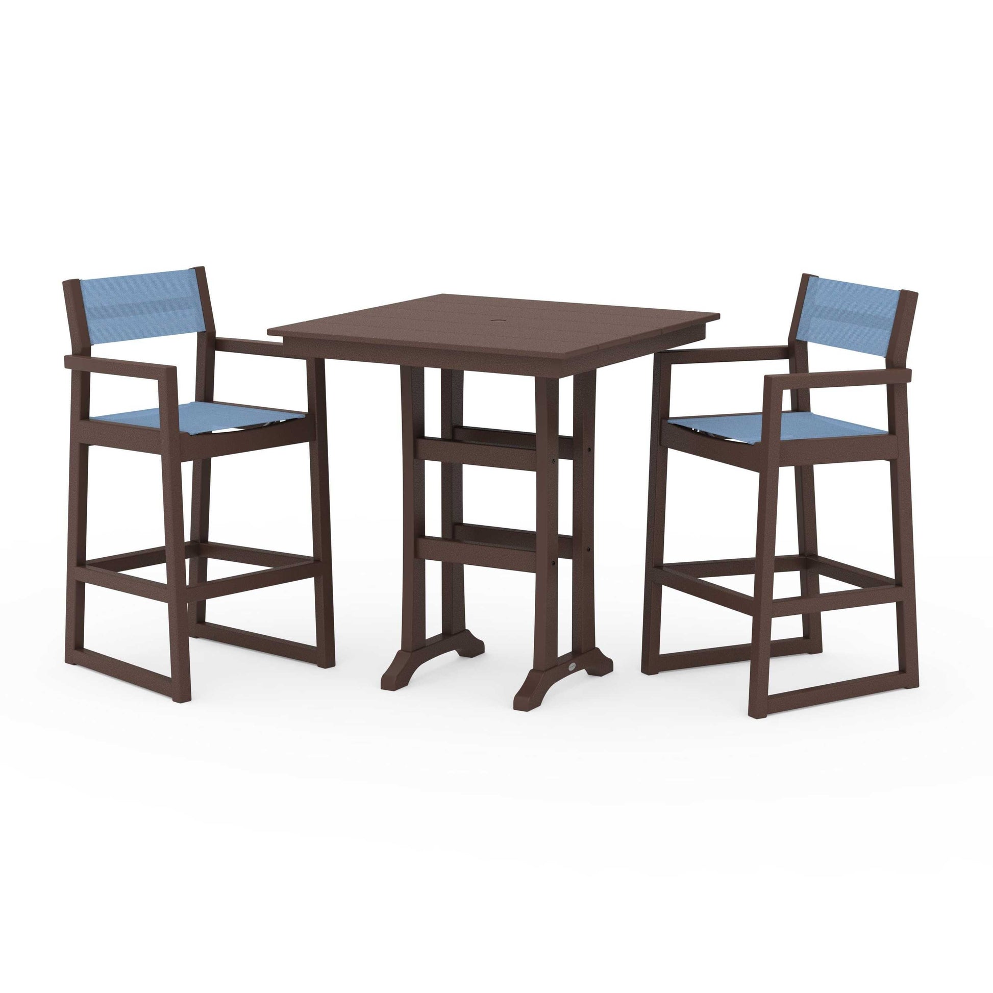 POLYWOOD EDGE Sling Arm Chair 3-Piece Farmhouse Bar Set with Trestle Legs — Mahogany / Poolside Sling