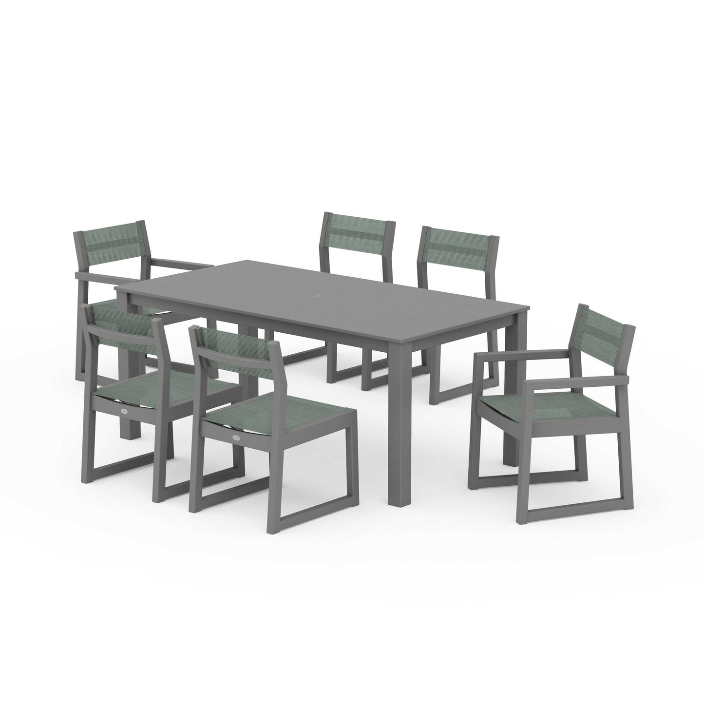 POLYWOOD EDGE Sling 7-Piece Parsons Dining Set — Slate Grey / Dupioni Sea Mist Sling
