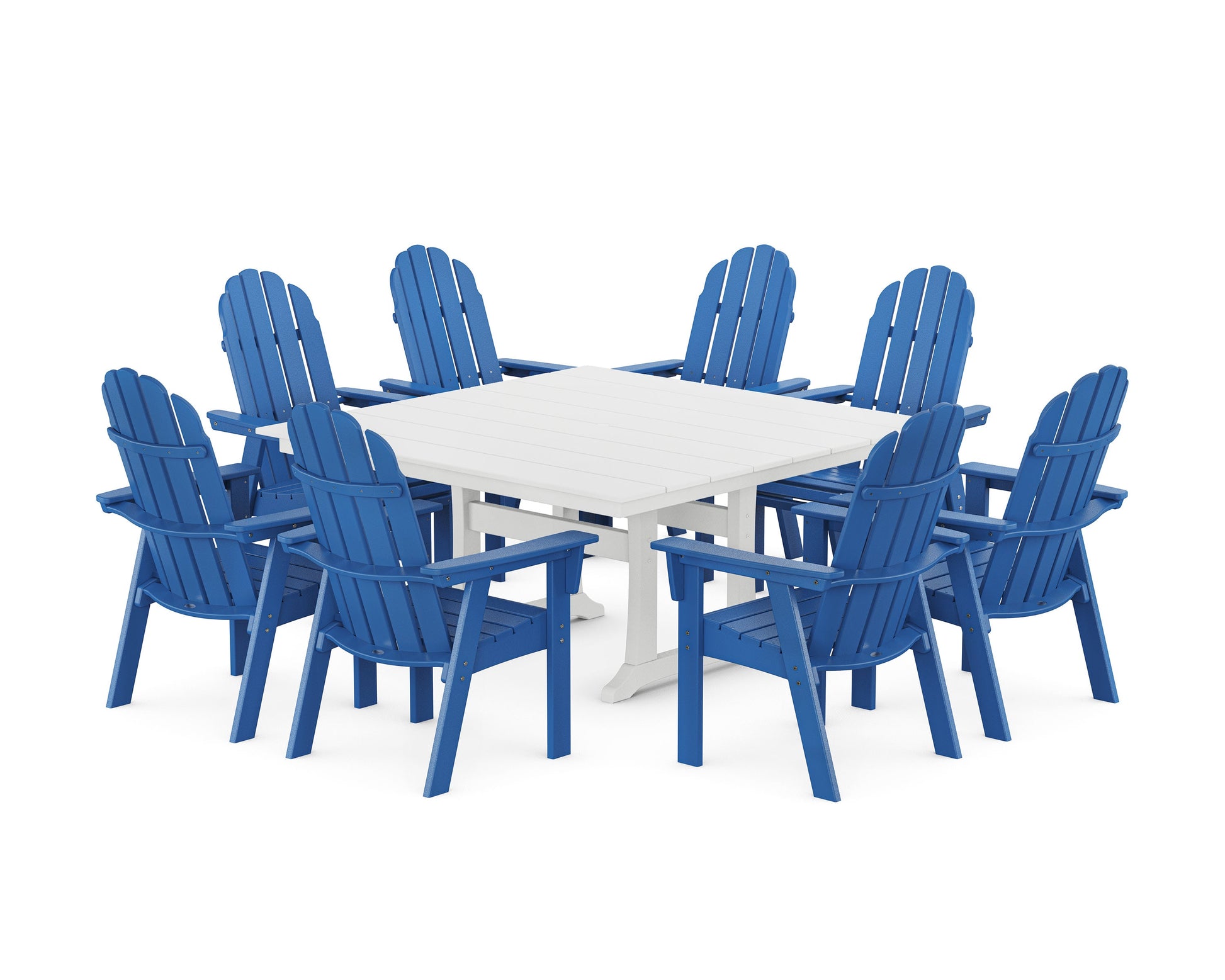 POLYWOOD Vineyard Curveback Adirondack 9-Piece Square Farmhouse Dining Set with Trestle Legs — Pacific Blue / White