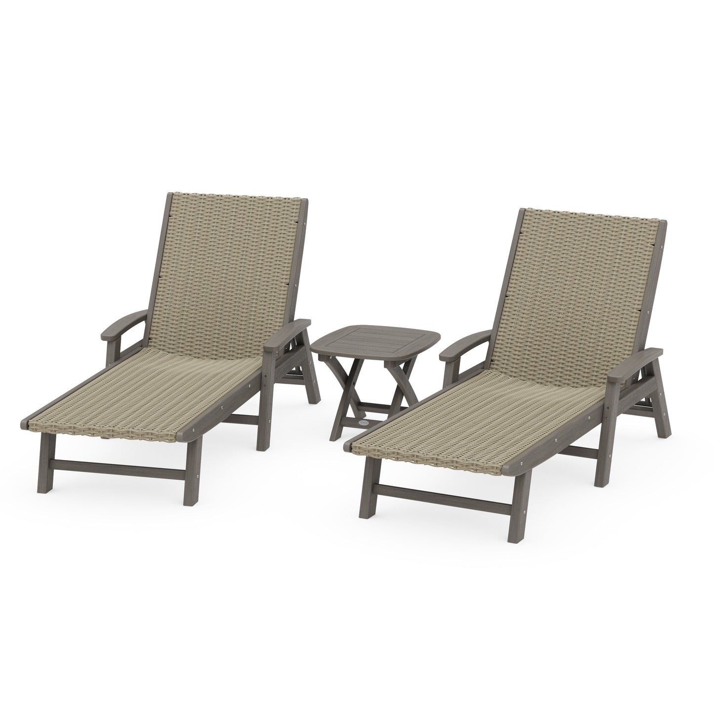 POLYWOOD 3 - Piece Coastal Woven Chaise with Arms Chaise Lounge Set — Driftwood / Dune Grass