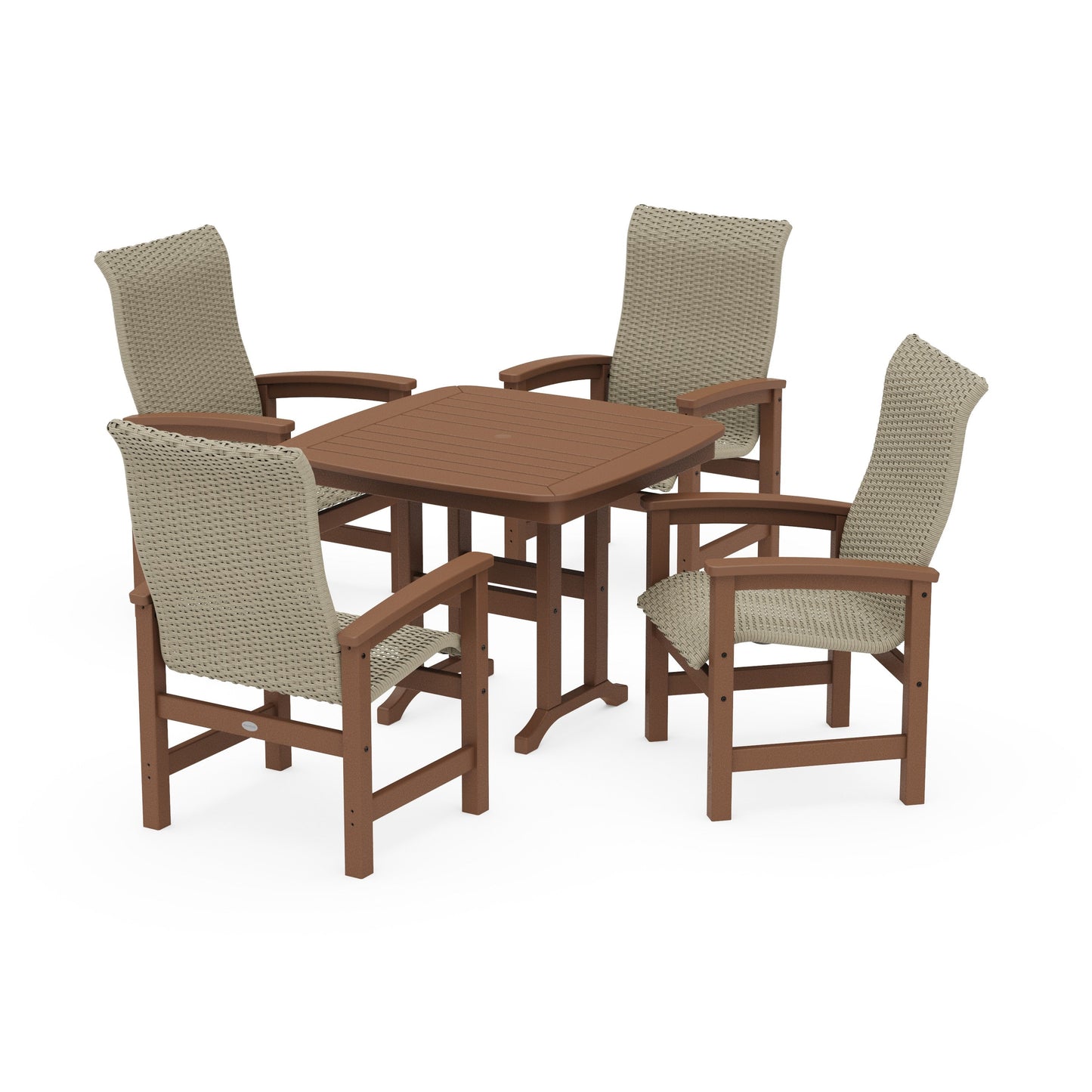 POLYWOOD Coastal Woven High-Back 5-Piece Dining Set — Teak / Dune Grass