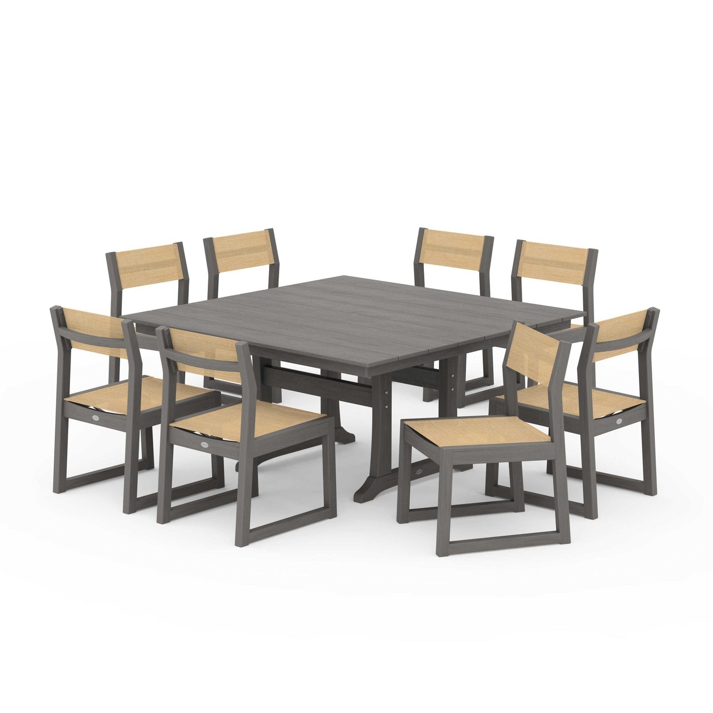 POLYWOOD EDGE Sling Side Chair 9-Piece Farmhouse Trestle Dining Set — Driftwood / Dupioni Apricot Sling