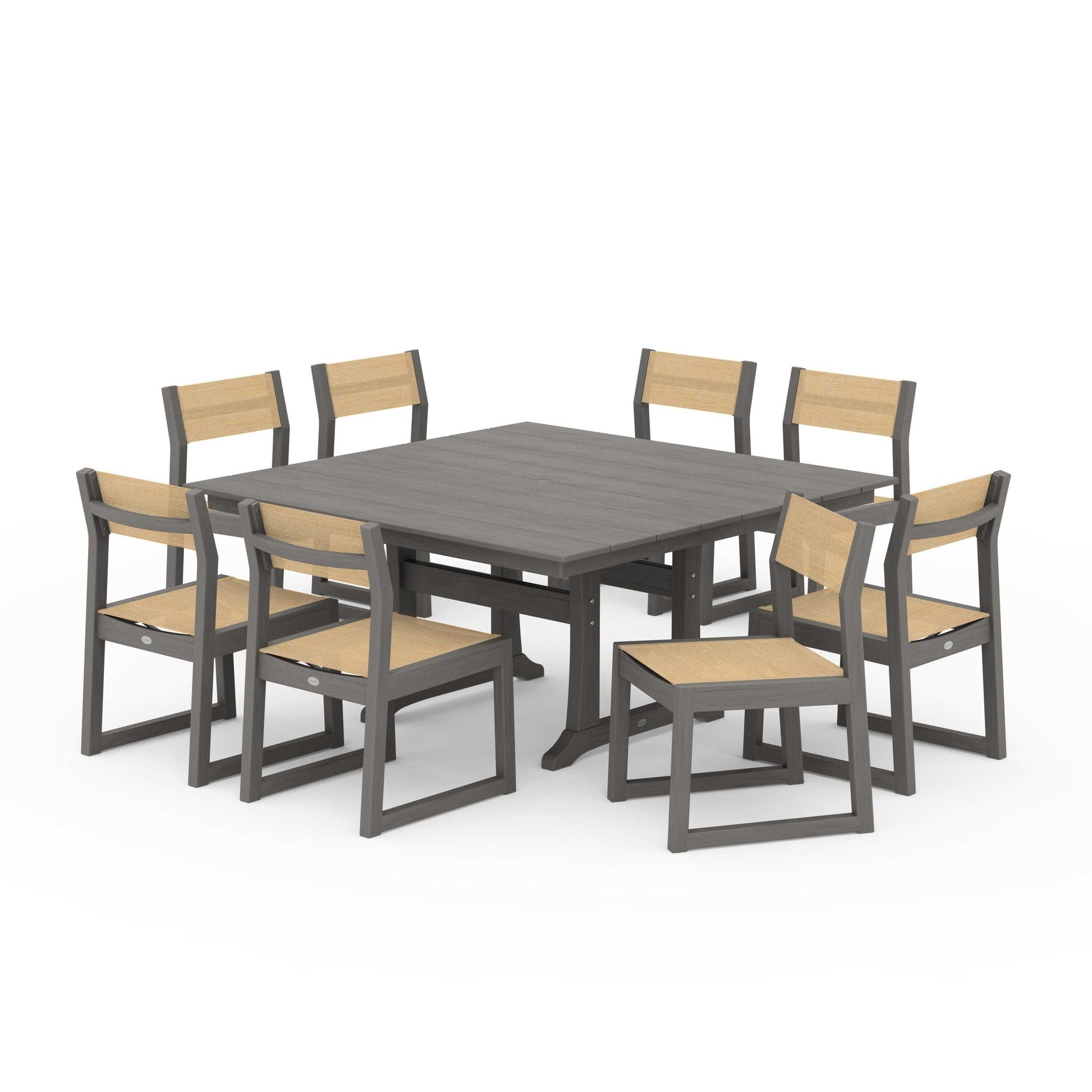 POLYWOOD EDGE Sling Side Chair 9-Piece Farmhouse Trestle Dining Set — Driftwood / Dupioni Apricot Sling