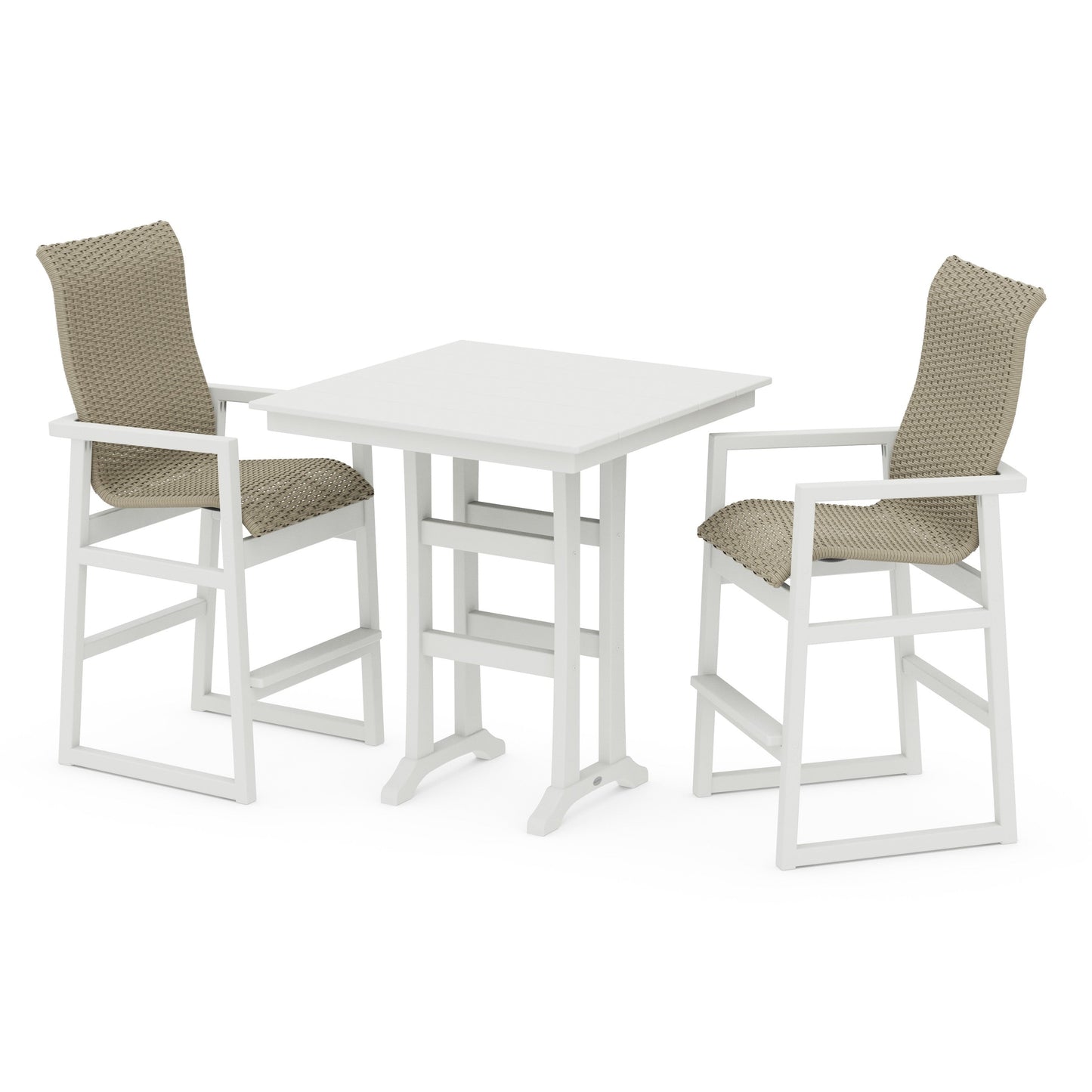 POLYWOOD EDGE Woven Highback 3-Piece Farmhouse Bar Set with Trestle Legs — Vintage White / Dune Grass