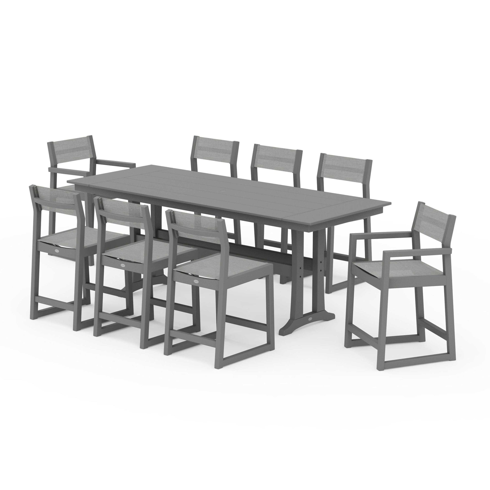 POLYWOOD EDGE Sling 9-Piece Farmhouse Counter Set with Trestle Legs — Slate Grey / Metallic Sling