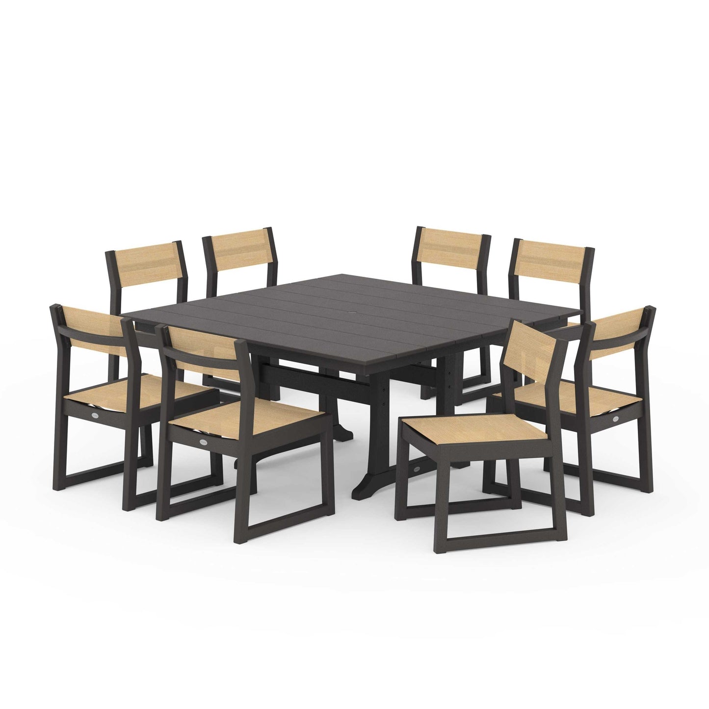 POLYWOOD EDGE Sling Side Chair 9-Piece Farmhouse Trestle Dining Set — Vintage Coffee / Dupioni Apricot Sling