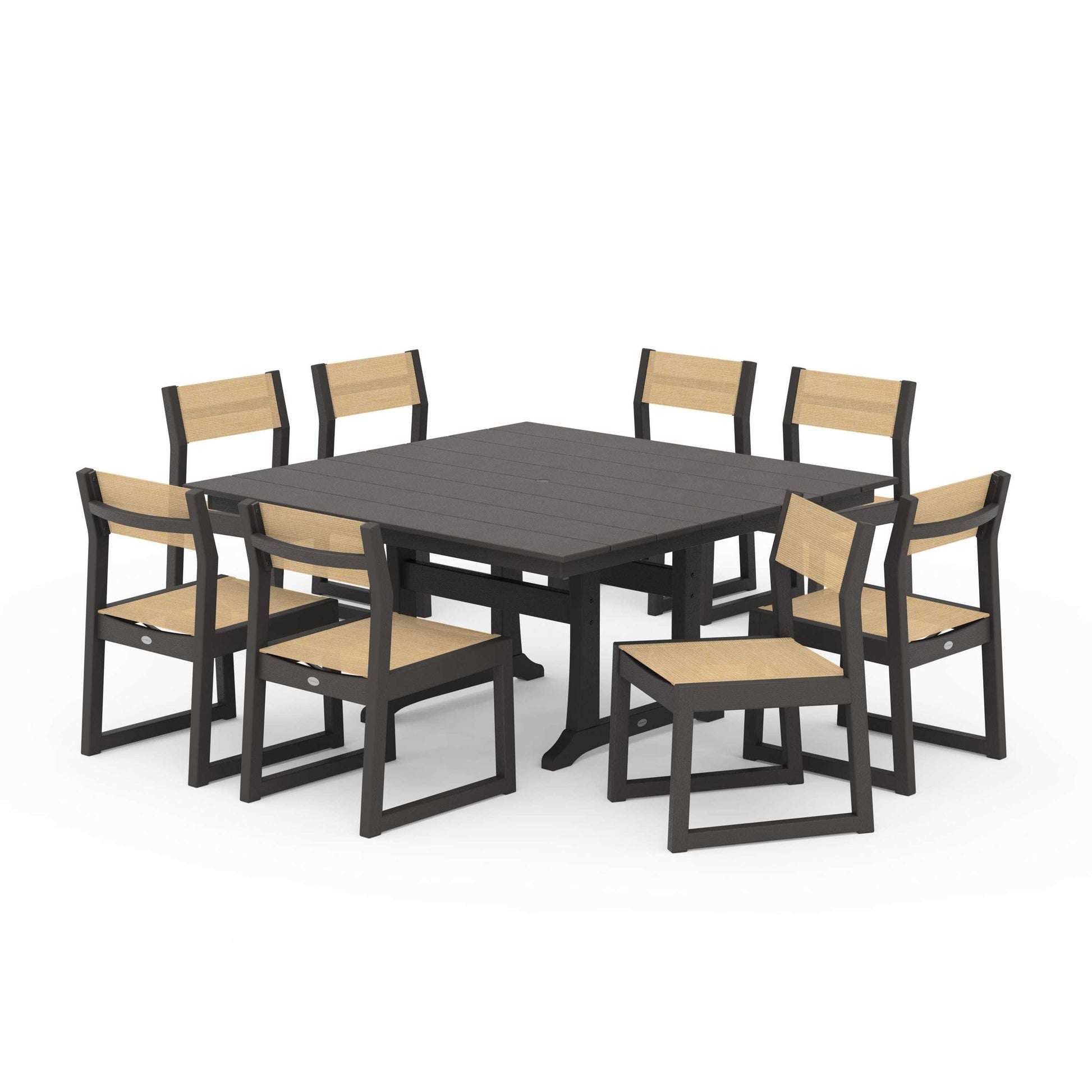 POLYWOOD EDGE Sling Side Chair 9-Piece Farmhouse Trestle Dining Set — Vintage Coffee / Dupioni Apricot Sling
