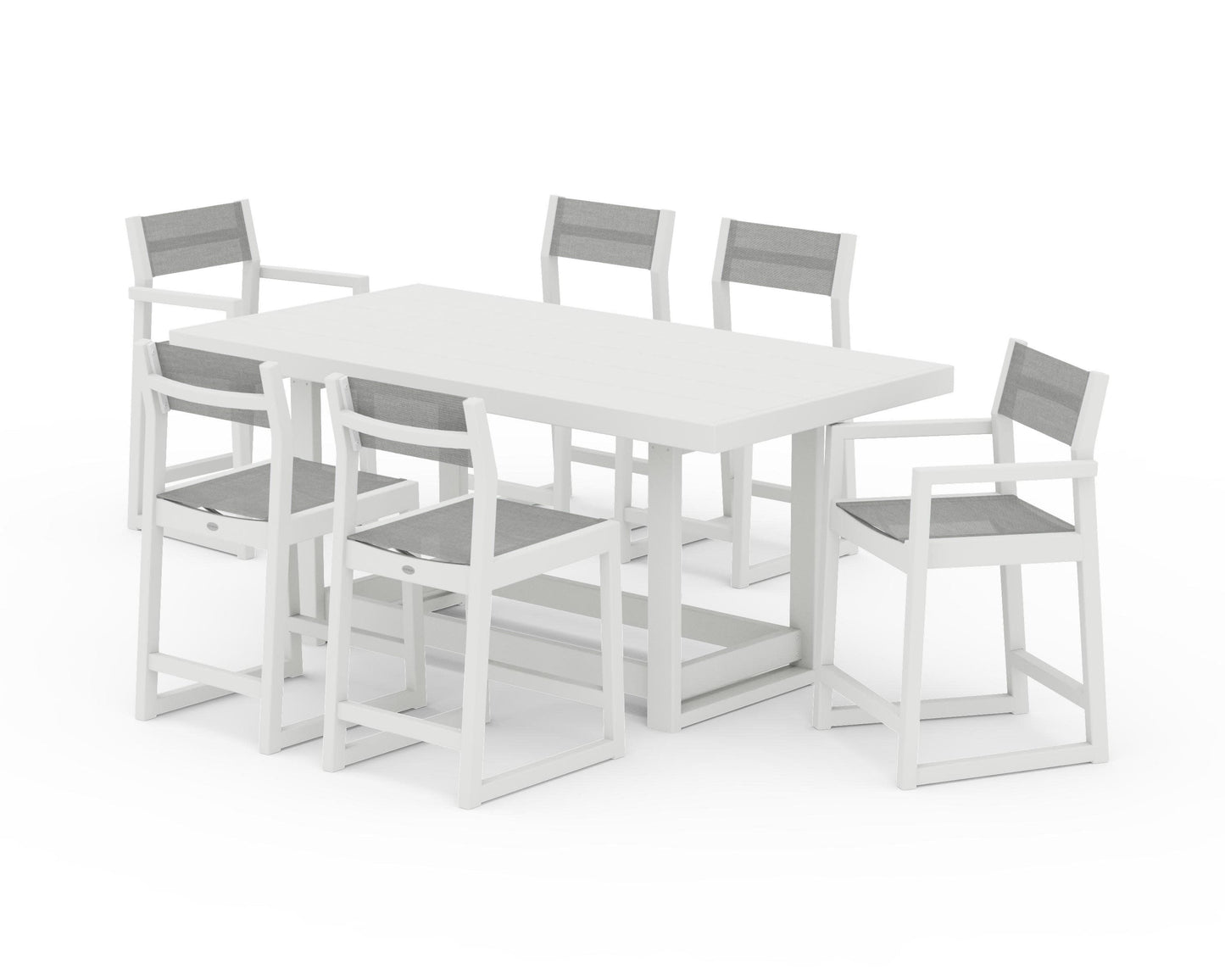 POLYWOOD EDGE Sling 7-Piece Counter Table Set — Vintage White / Metallic Sling