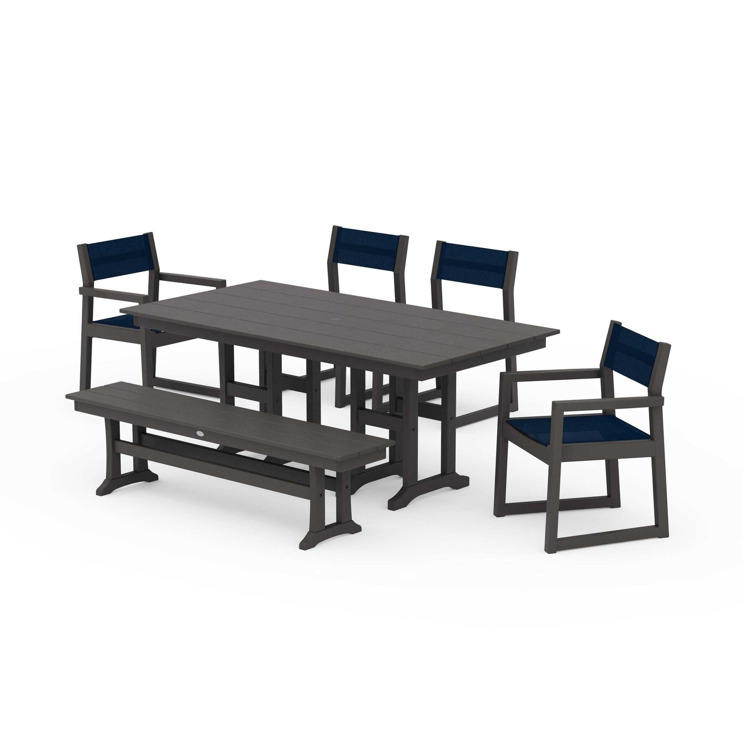 POLYWOOD EDGE Sling 6-Piece Farmhouse Dining Set — Vintage Coffee / Navy Blue Sling