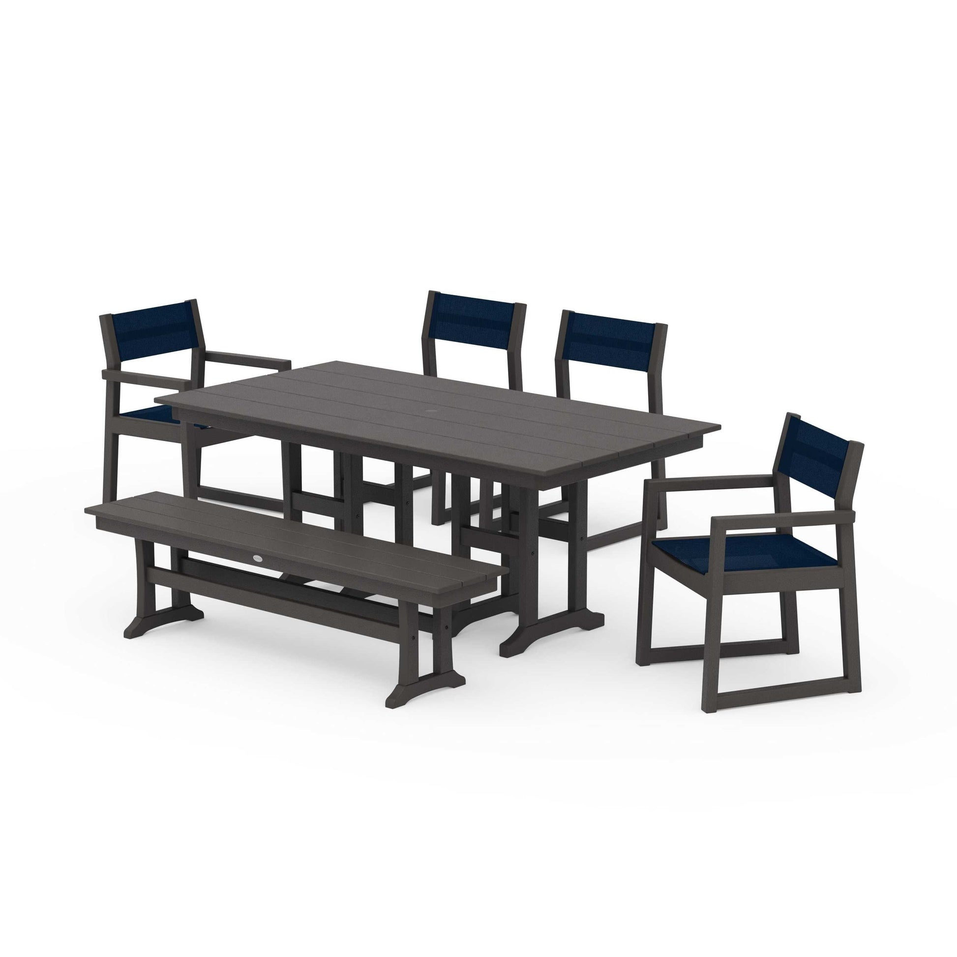 POLYWOOD EDGE Sling 6-Piece Farmhouse Dining Set — Vintage Coffee / Navy Blue Sling