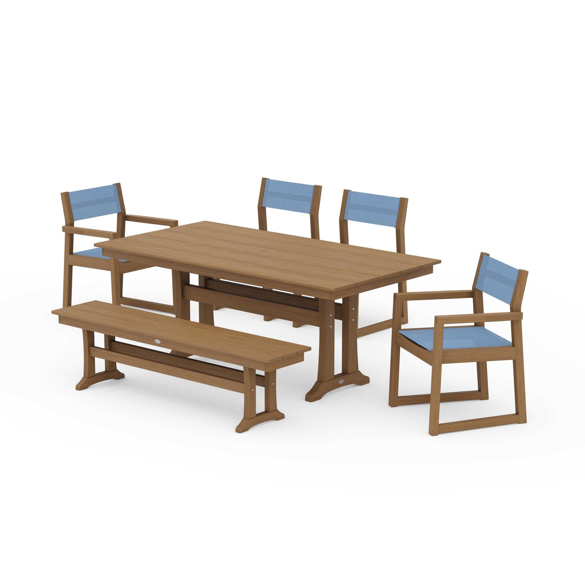 POLYWOOD EDGE Sling 6-Piece Farmhouse Dining Set With Trestle Legs — Natural / Poolside Sling