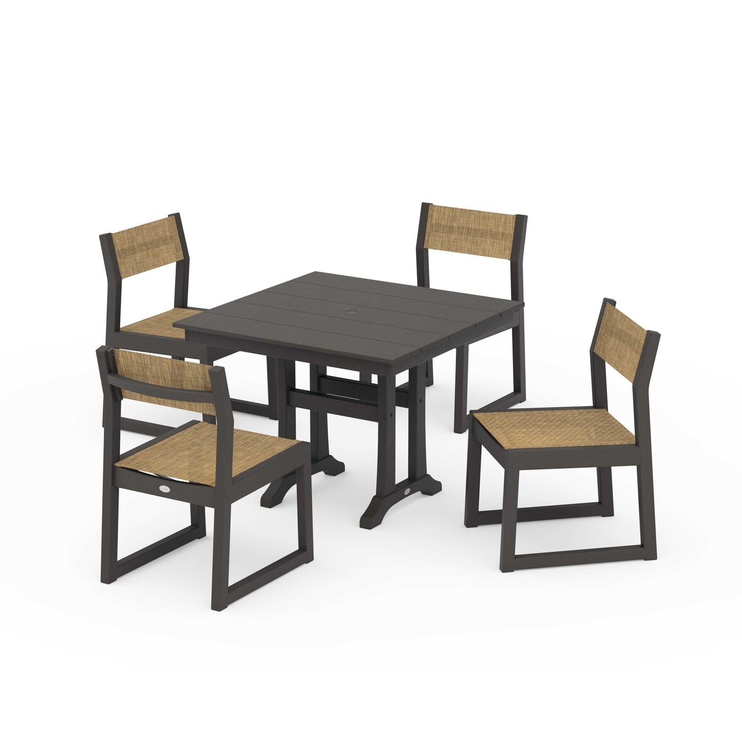 POLYWOOD EDGE Sling 5-Piece Farmhouse Trestle Side Chair Dining Set — Vintage Coffee / Burlap Sling