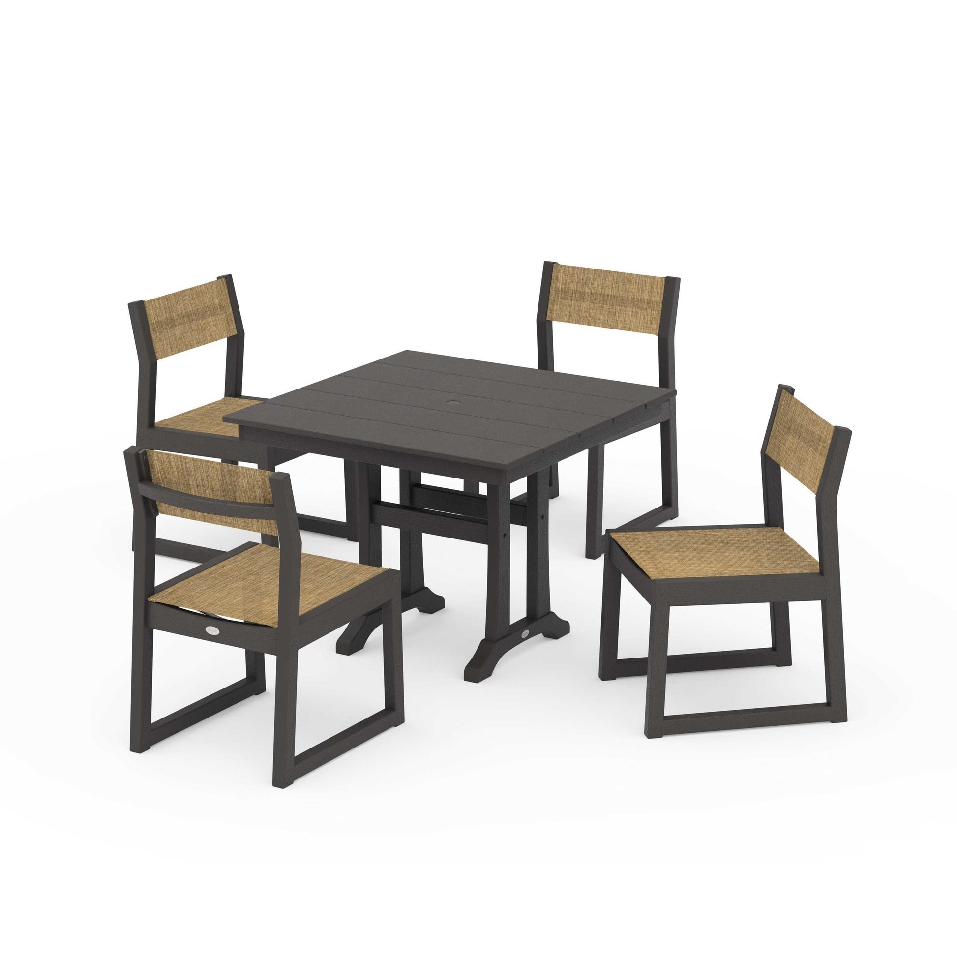 POLYWOOD EDGE Sling 5-Piece Farmhouse Trestle Side Chair Dining Set — Vintage Coffee / Burlap Sling