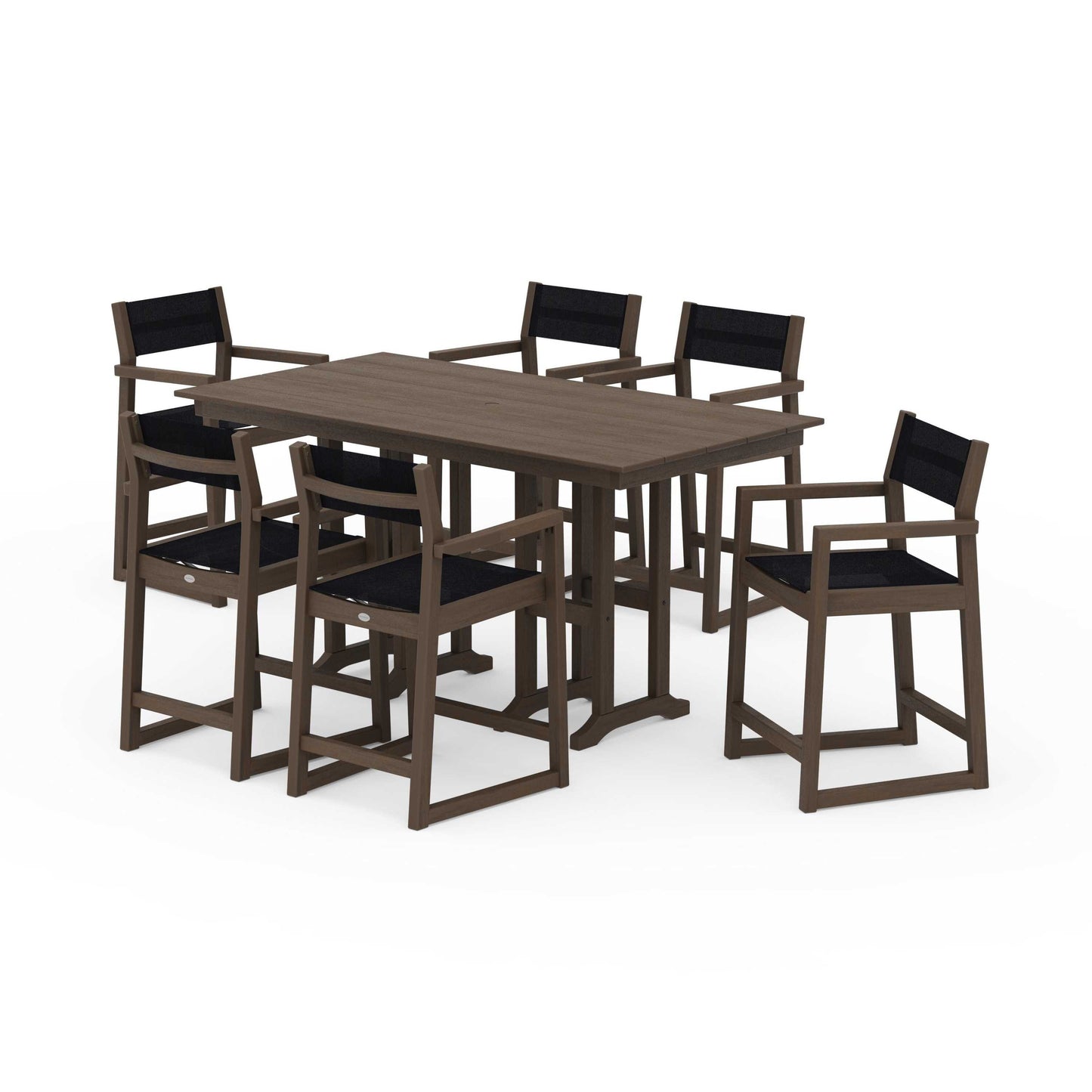 POLYWOOD EDGE Sling Arm Chair 7-Piece Farmhouse Counter Set — Kona / Black Sling