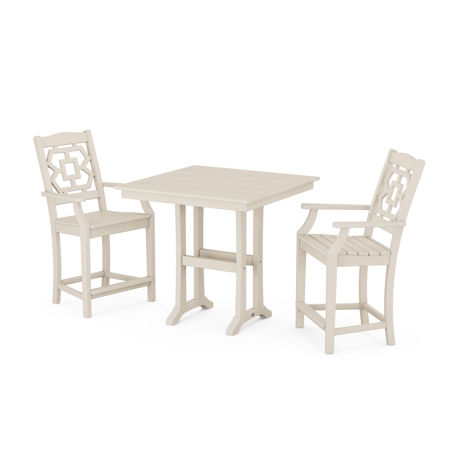 POLYWOOD Chinoiserie 3-Piece Farmhouse Counter Set with Trestle Legs — Sand