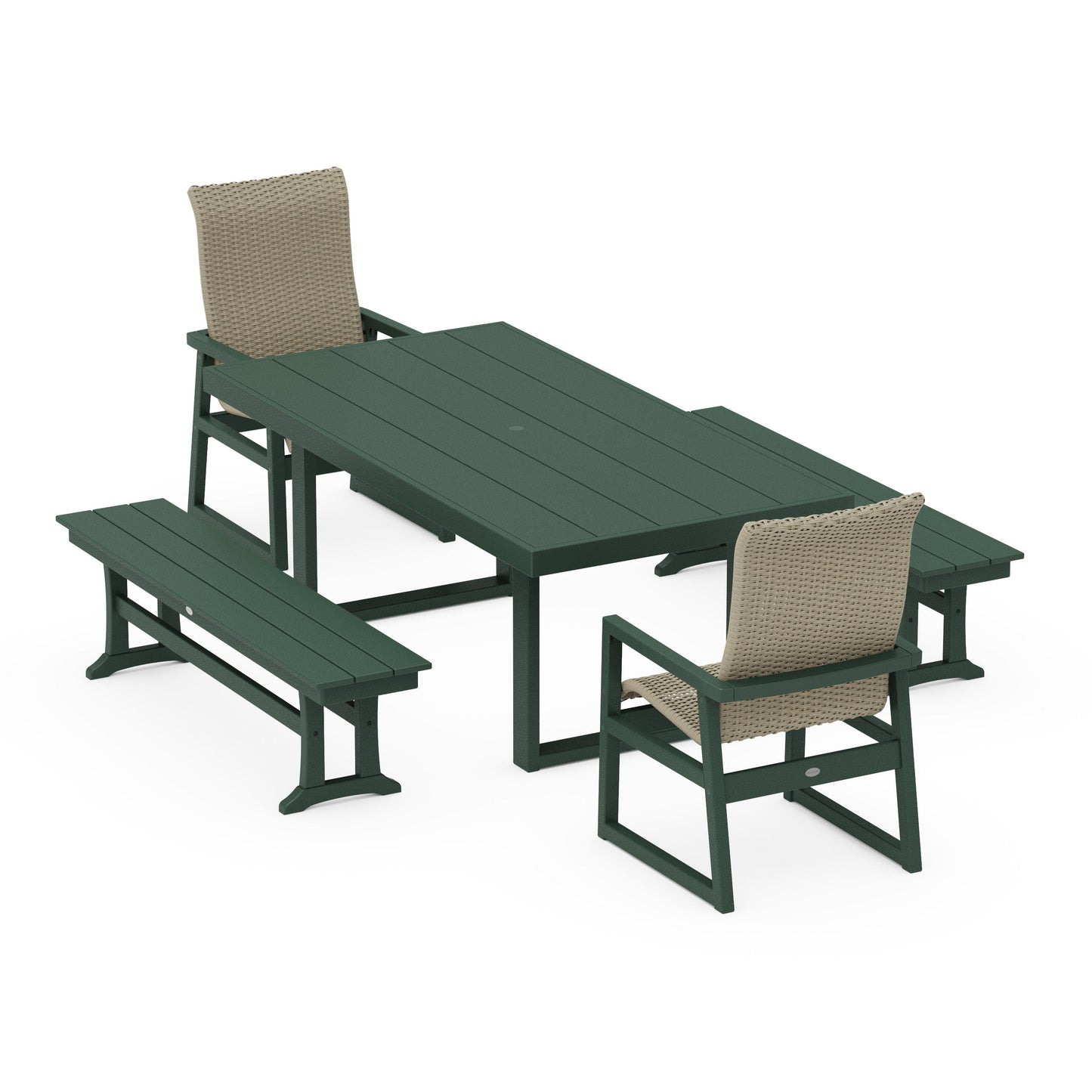 POLYWOOD EDGE Woven Highback 5-Piece Dining Set with Benches — Green / Dune Grass