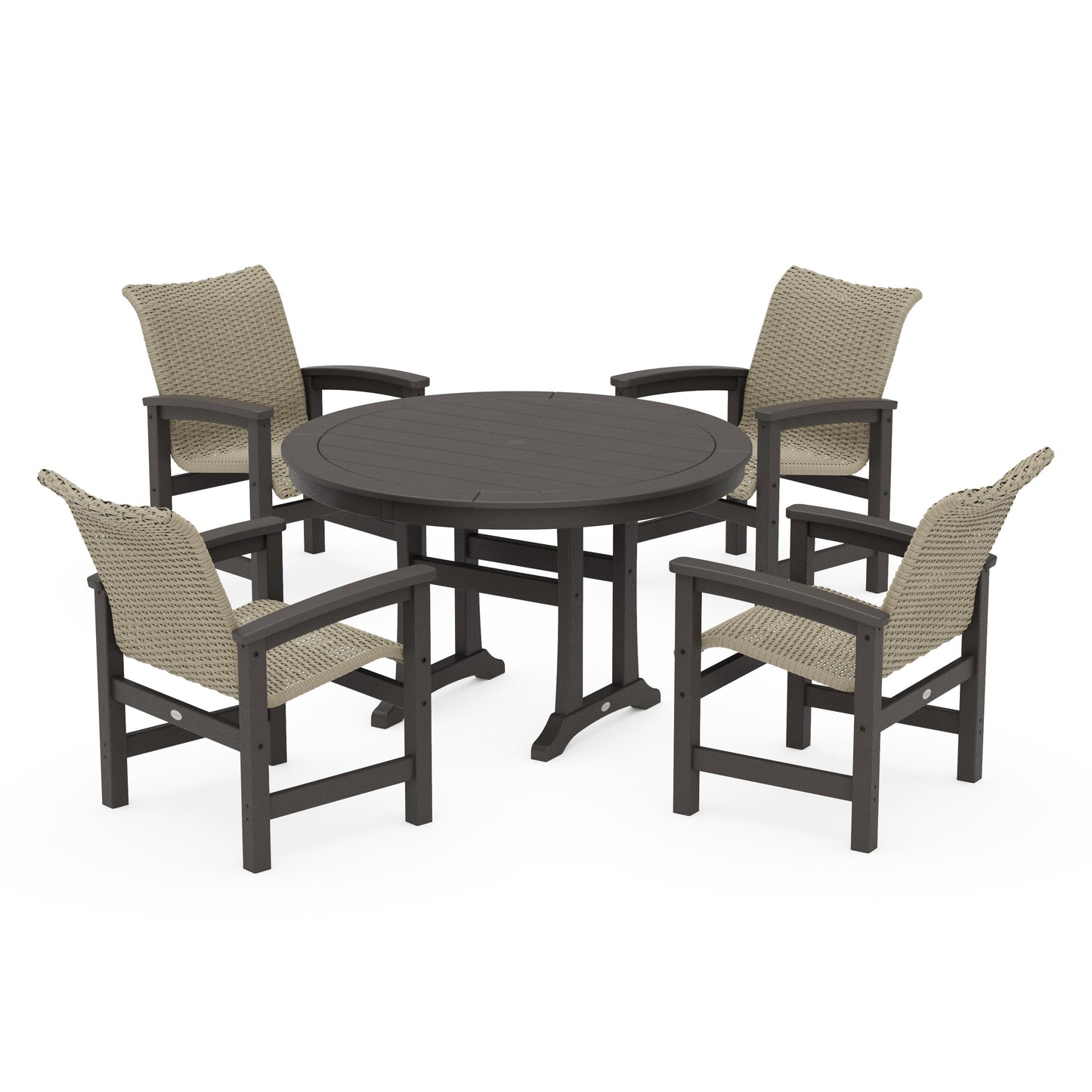 POLYWOOD Coastal Woven 5-Piece Round Dining Set with Trestle Legs — Vintage Coffee / Dune Grass
