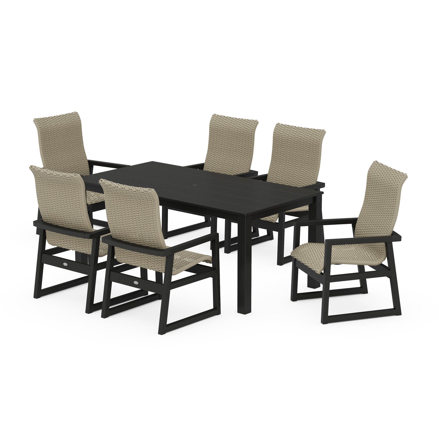 POLYWOOD EDGE Woven Highback Arm Chair 7-Piece Parsons Dining Set — Black / Dune Grass