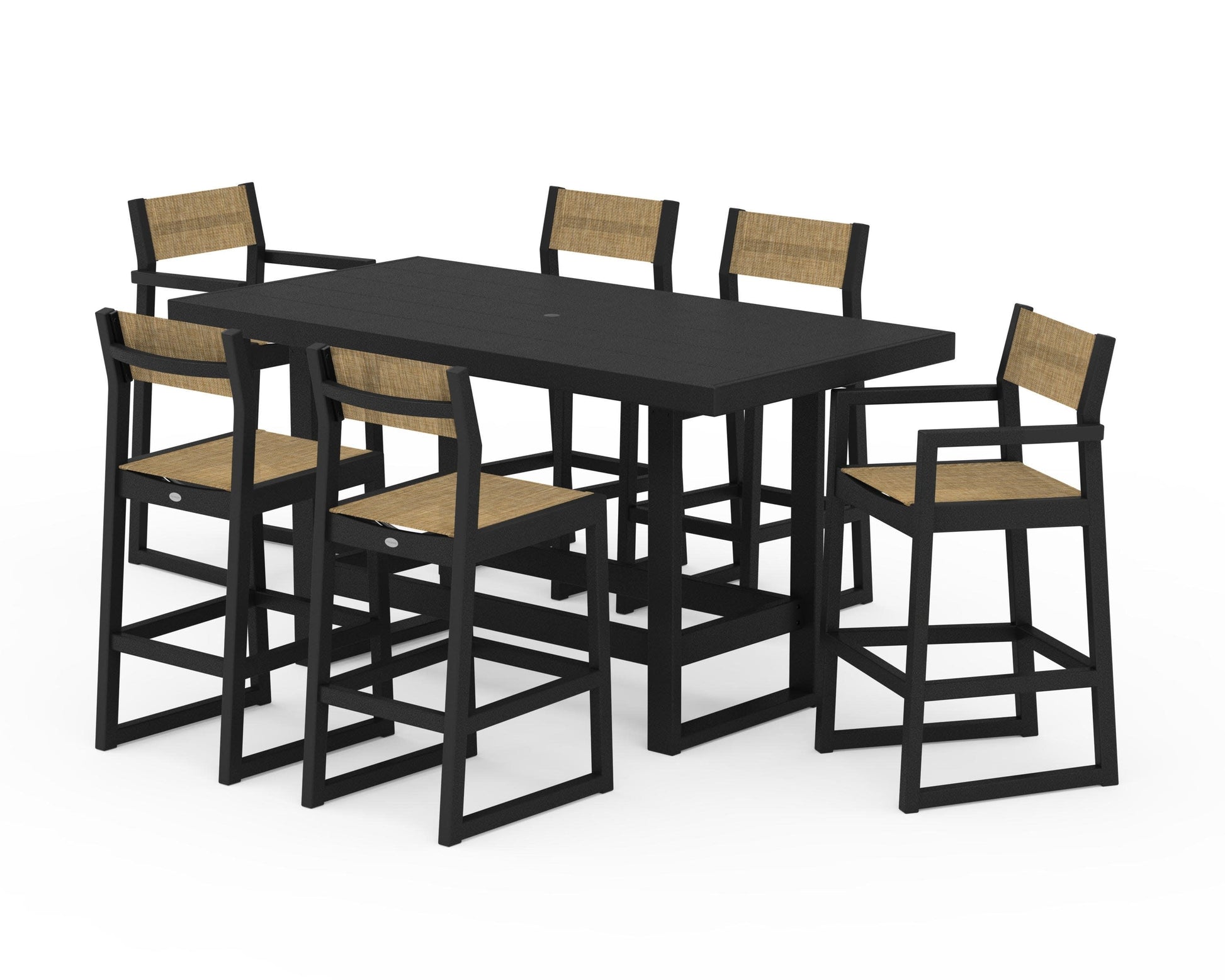 POLYWOOD EDGE Sling 7-Piece Bar Table Set — Black / Burlap Sling